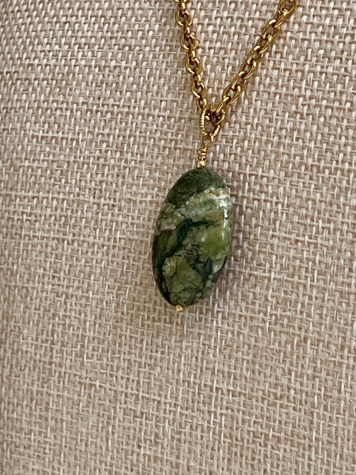 Gold Classic Cable Pendant Drop Necklace with Rhyolite Jasper Drop Pendant Statement Necklace Rainforest Jasper Pendant Layering Necklace
