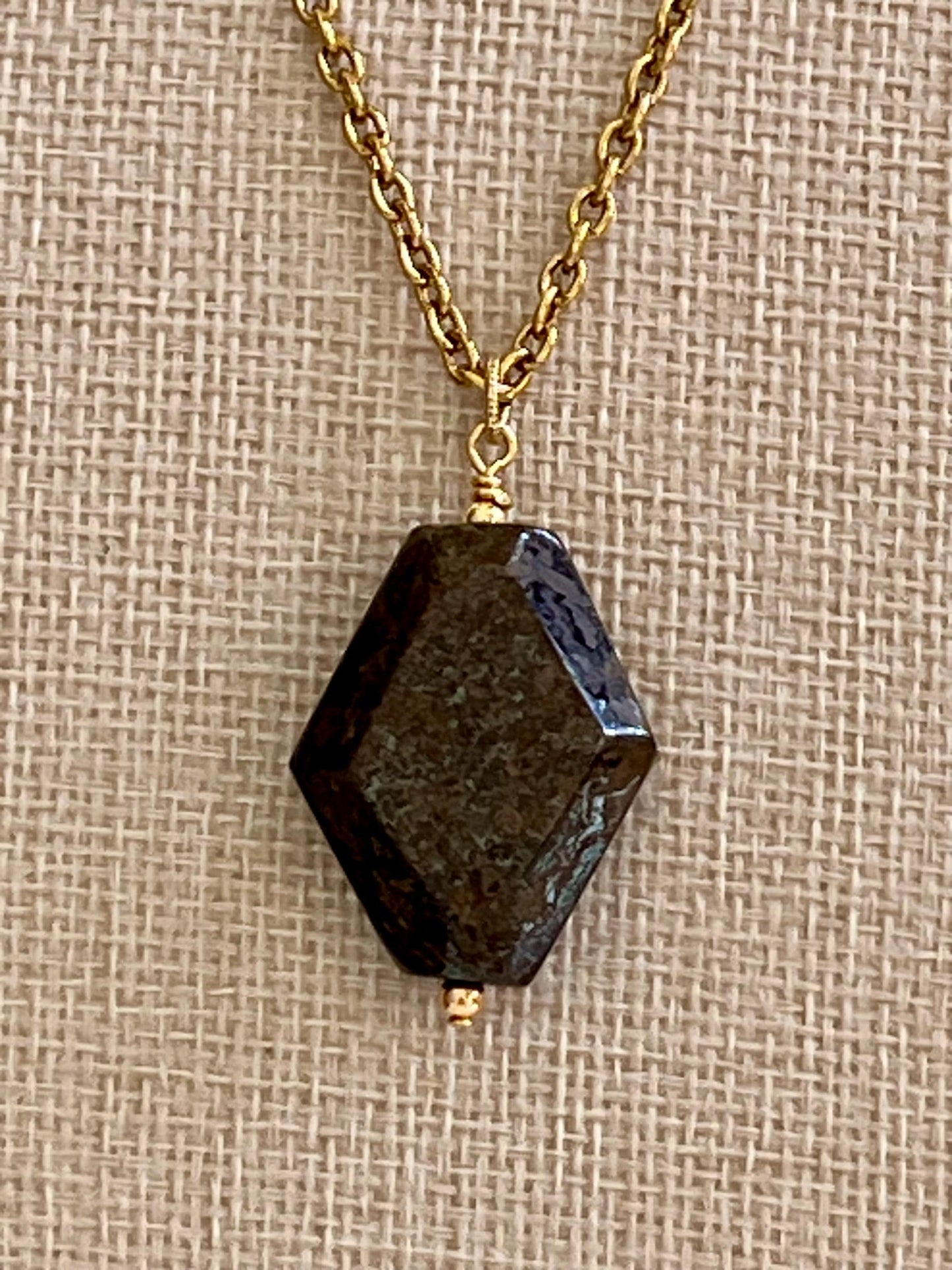 Gold Classic Cable Chain with Diamond Shaped Bronzite Pendant Statement Necklace Bronzite Pendant Layering Necklace