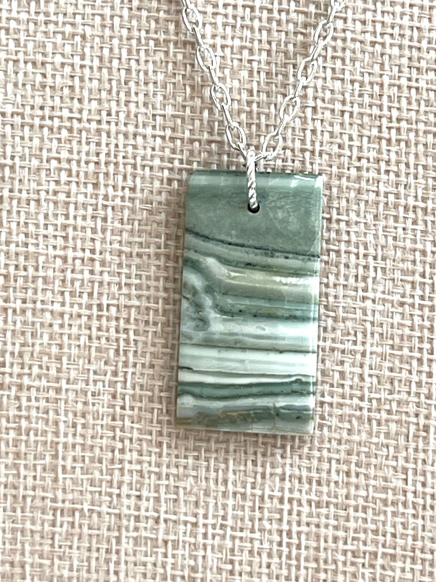 Silver Delicate Paperclip Layering Necklace Rectangle Serpentine Pendant Layering Statement Necklace Beautiful Light Green Stone Formations