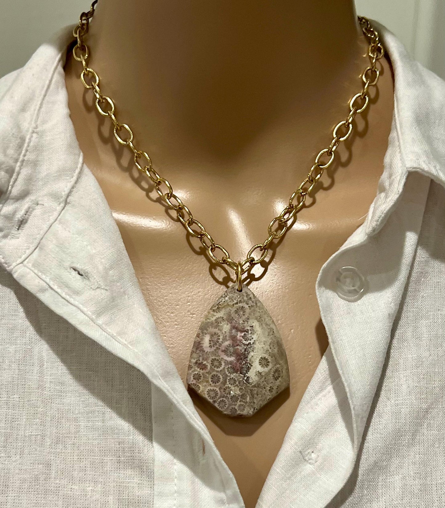 Gold Textured Large Cable Chain with Large Fossil Coral Pendant Necklace Drop Pendant Statement Necklace Large Stone Pendant Necklace