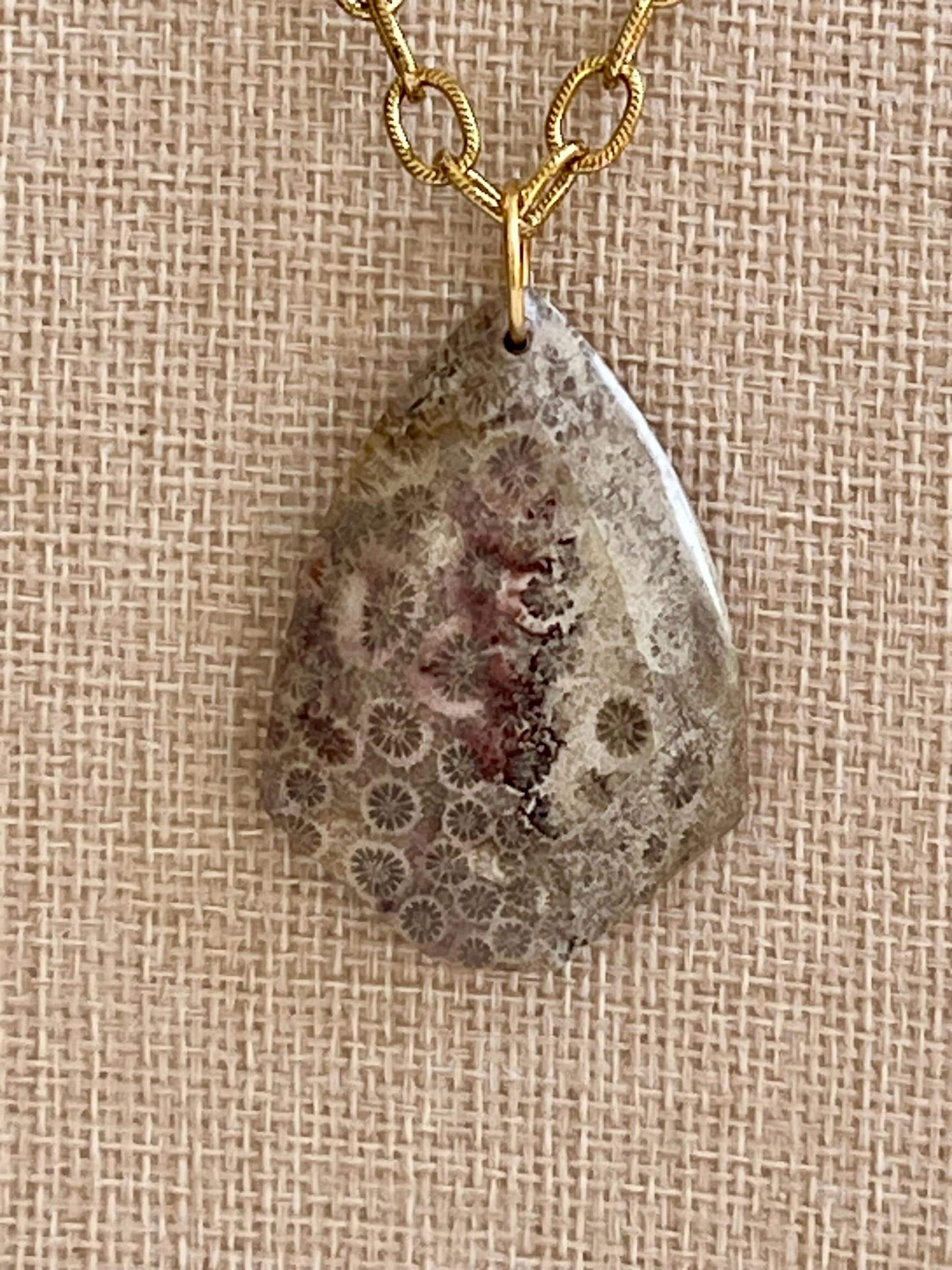 Gold Textured Large Cable Chain with Large Fossil Coral Pendant Necklace Drop Pendant Statement Necklace Large Stone Pendant Necklace