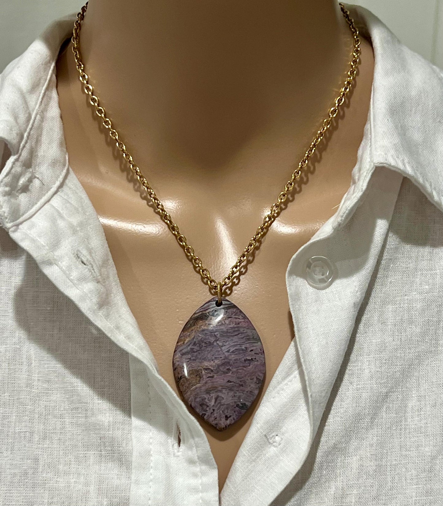 Gold Classic Textured Cable Chain Necklace with Charoite Pendant Layering Statement Necklace Charoite Natural Gemstone Pendant