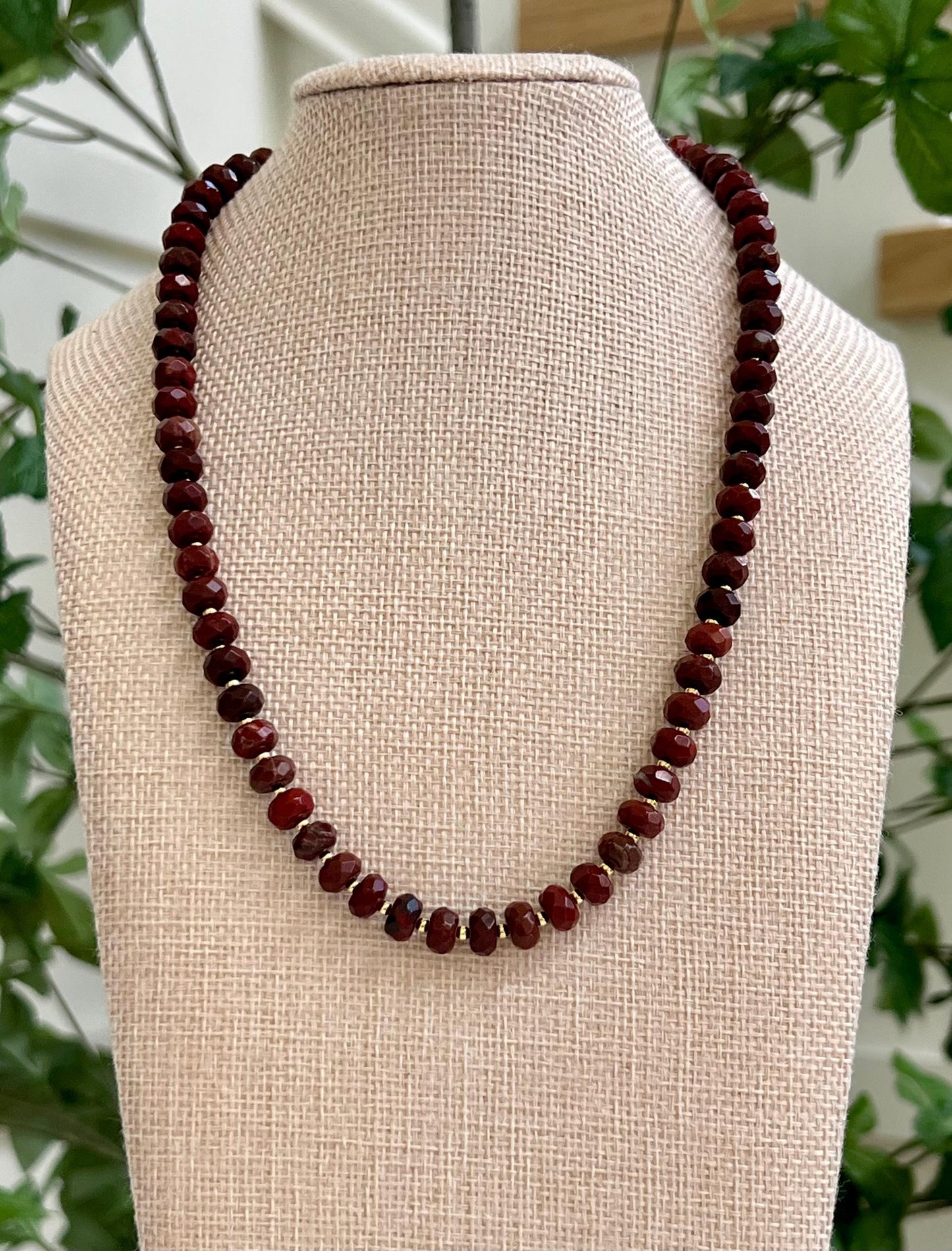 Red Jasper Beaded Necklace Gold Accent Beads 18k Gold filled clasp Layering Necklace Semi-Precious Natural Gemstones Red Leaf Jasper