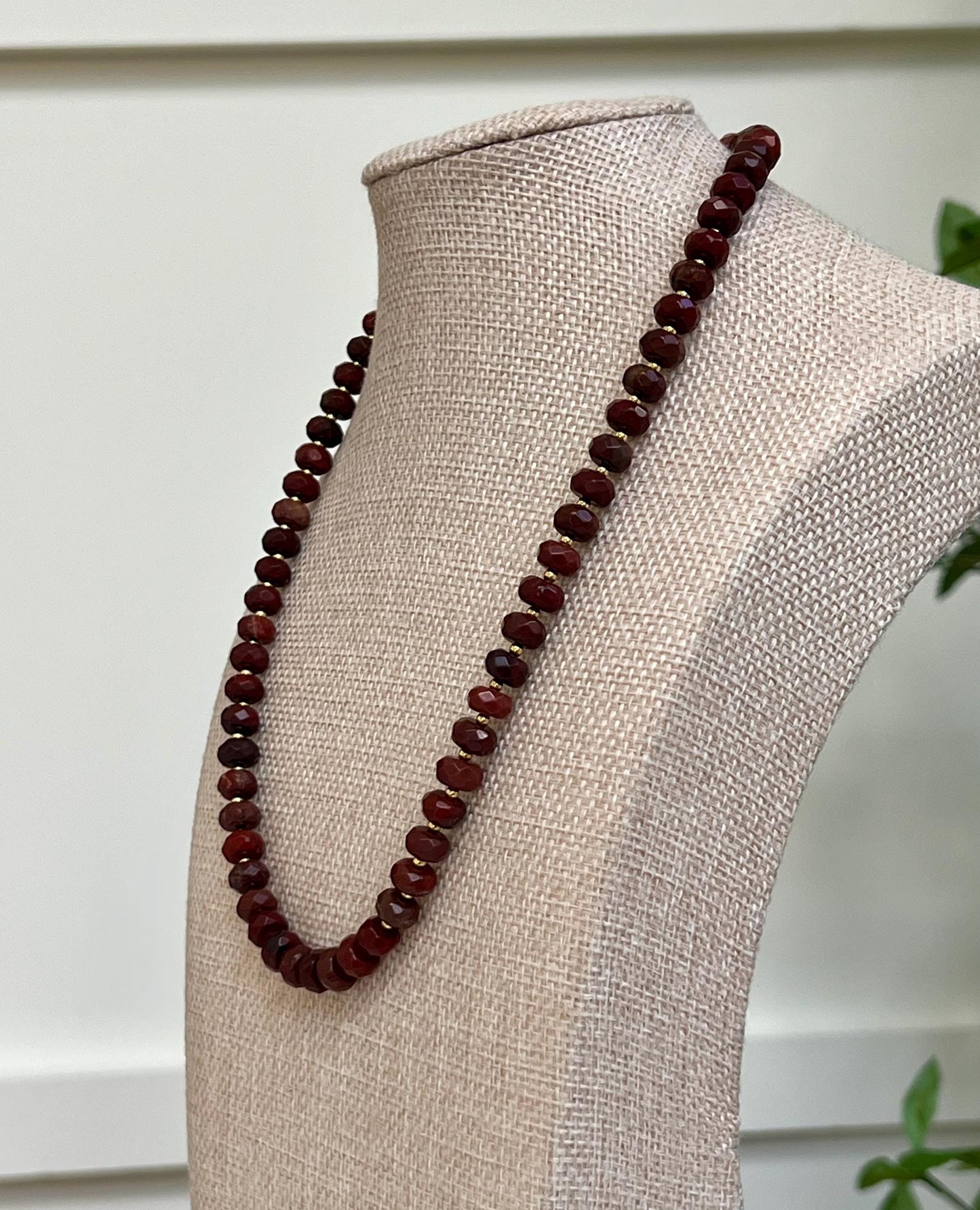 Red Jasper Beaded Necklace Gold Accent Beads 18k Gold filled clasp Layering Necklace Semi-Precious Natural Gemstones Red Leaf Jasper