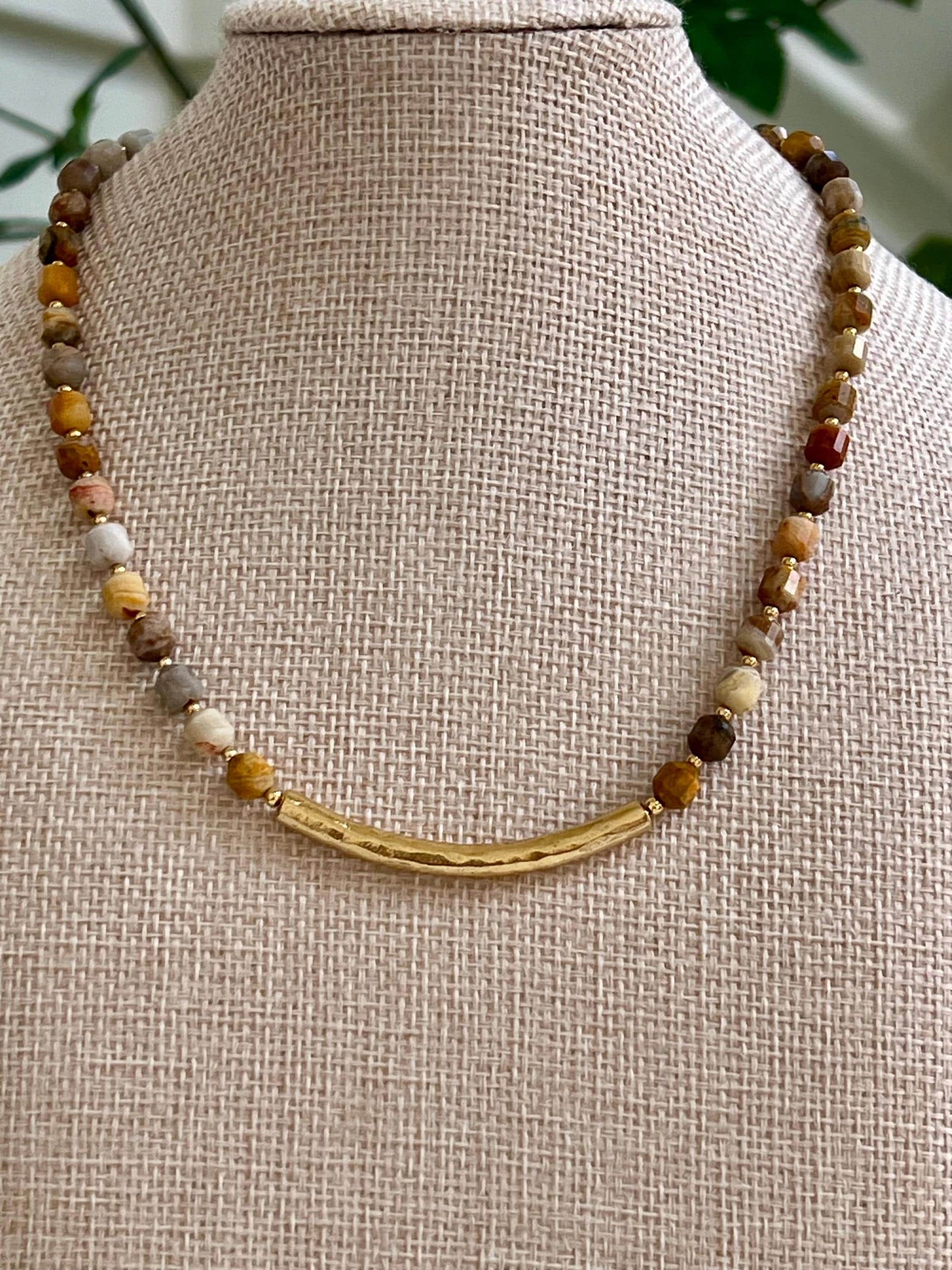 Crazy Lace Agate Beaded Necklace Non-Tarnish Large Curved Bar Natural Semi-Precious Gemstones 6mm Double Point Faceted Stones Toggle Clasp
