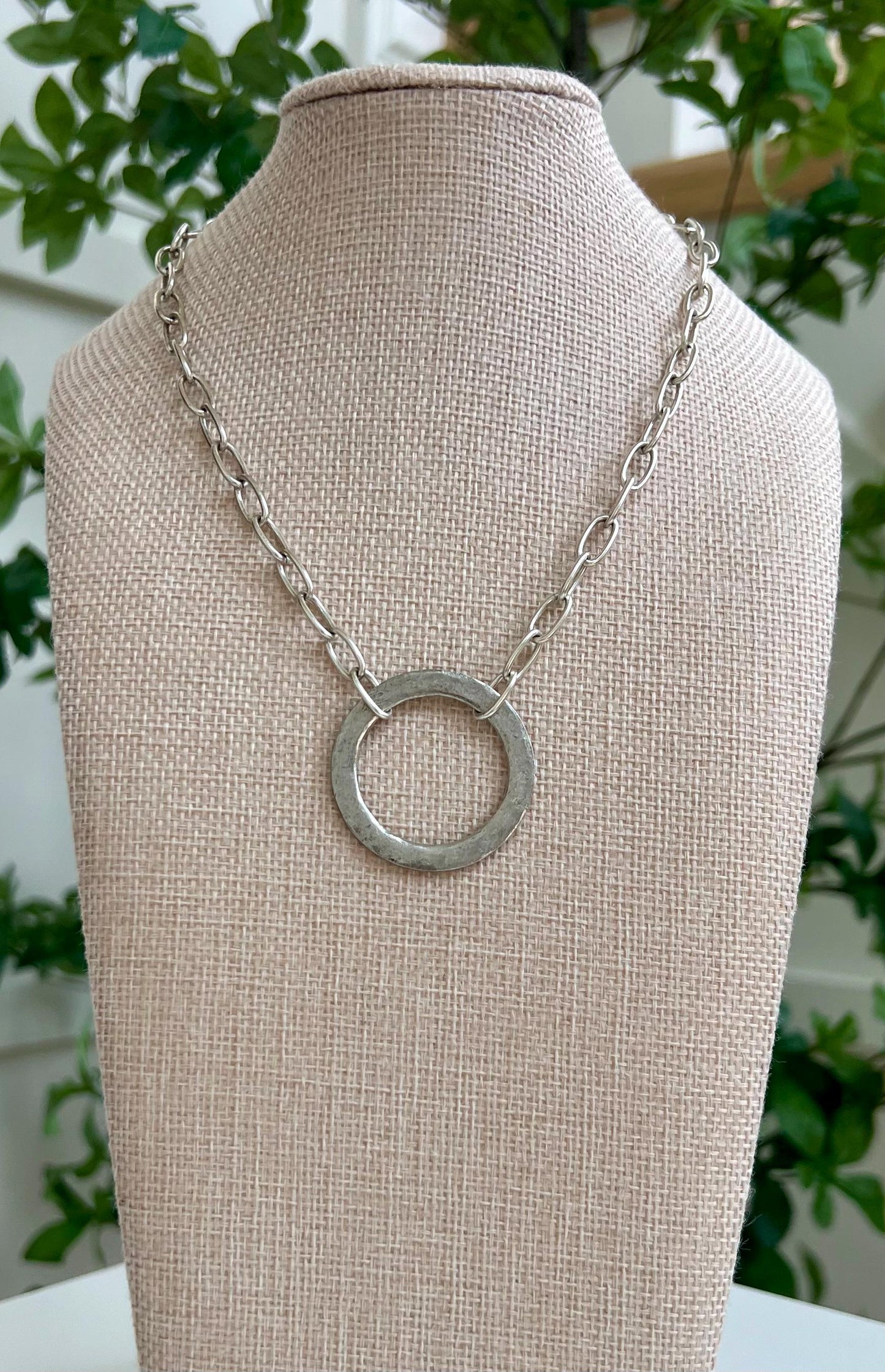 Silver Paperclip Link Chain Necklace with Organic Silver Open Circle Pendants Gorgeous Silver Statement Modern Necklace Large Open Circle