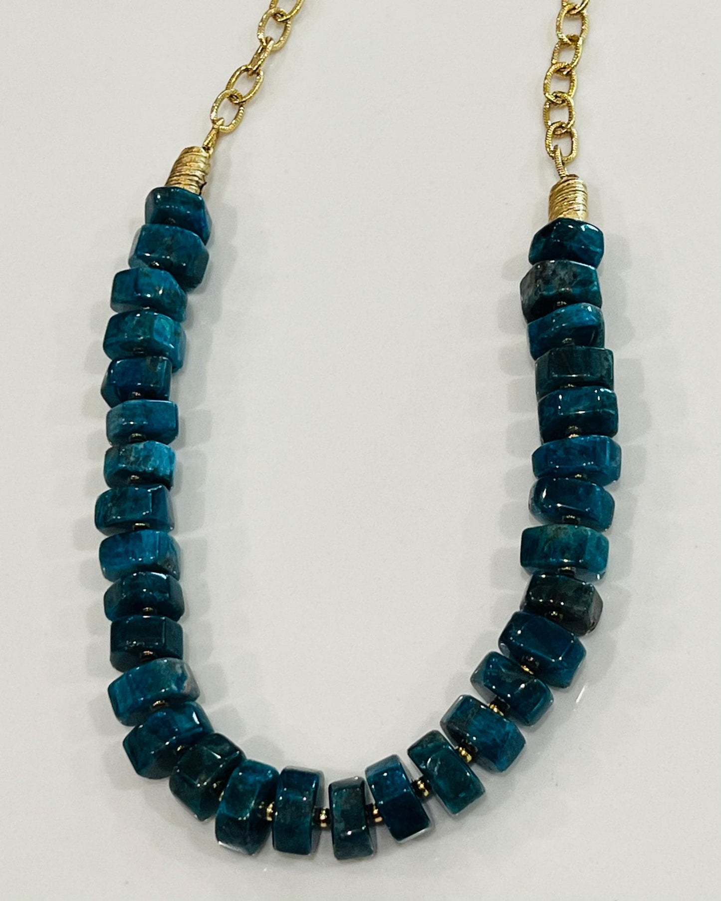 Blue Apatite Beaded Statement Necklace Natural Gemstone Layering Semi-Precious Bead Necklace 8x15mm Wheel Beads Gorgeous Natural Apatite