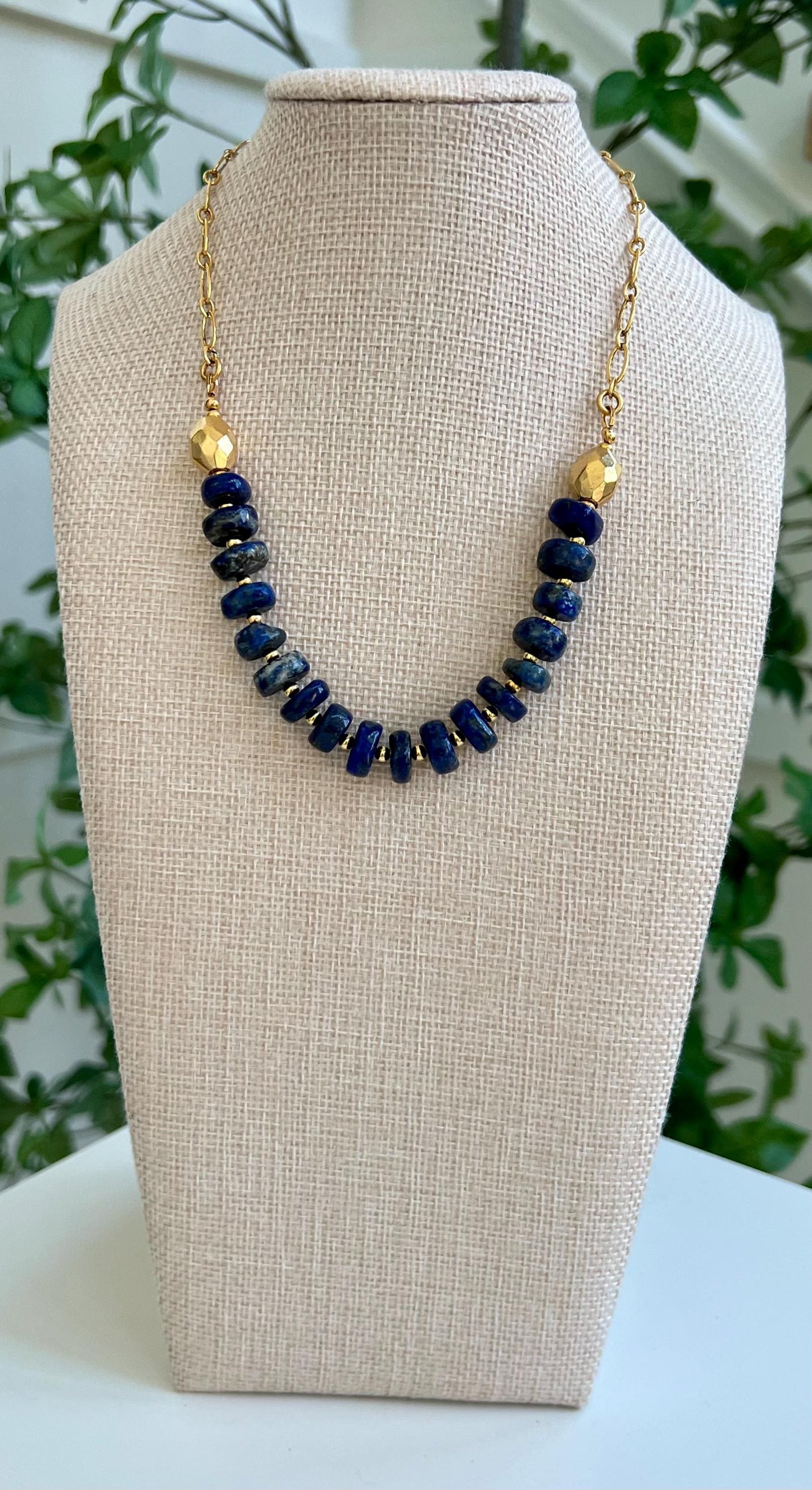Lapis Beaded Statement Necklace Natural Gemstone Layering Semi-Precious Bead Necklace 8x12mm Wheel Beads Gorgeous Natural Lapis Lazuli