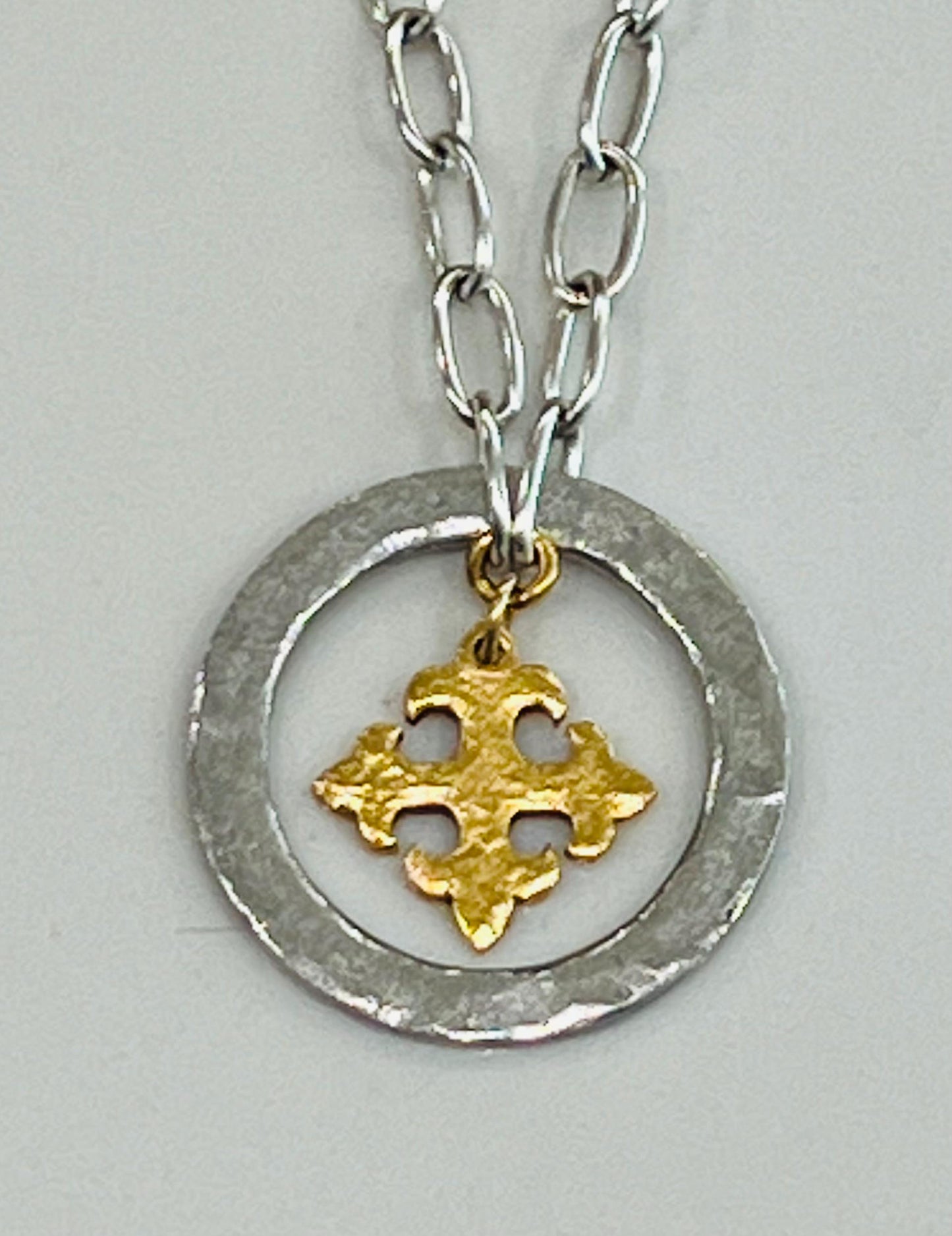 Silver Paperclip Chain Necklace with Organic Silver Open Circle Gold Celtic Cross Pendants Gorgeous Silver Statement Mixed Metal Necklace