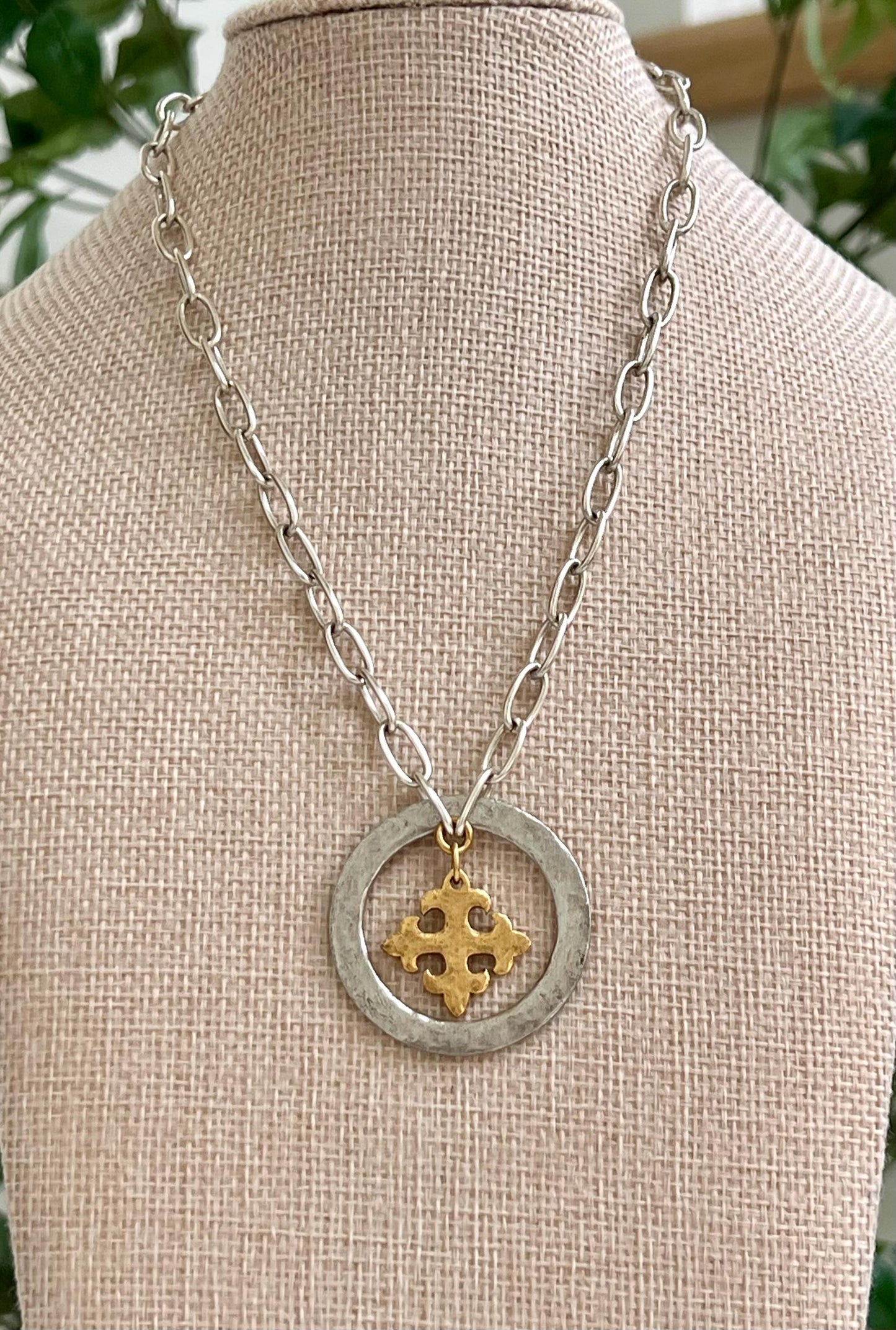 Silver Paperclip Chain Necklace with Organic Silver Open Circle Gold Celtic Cross Pendants Gorgeous Silver Statement Mixed Metal Necklace