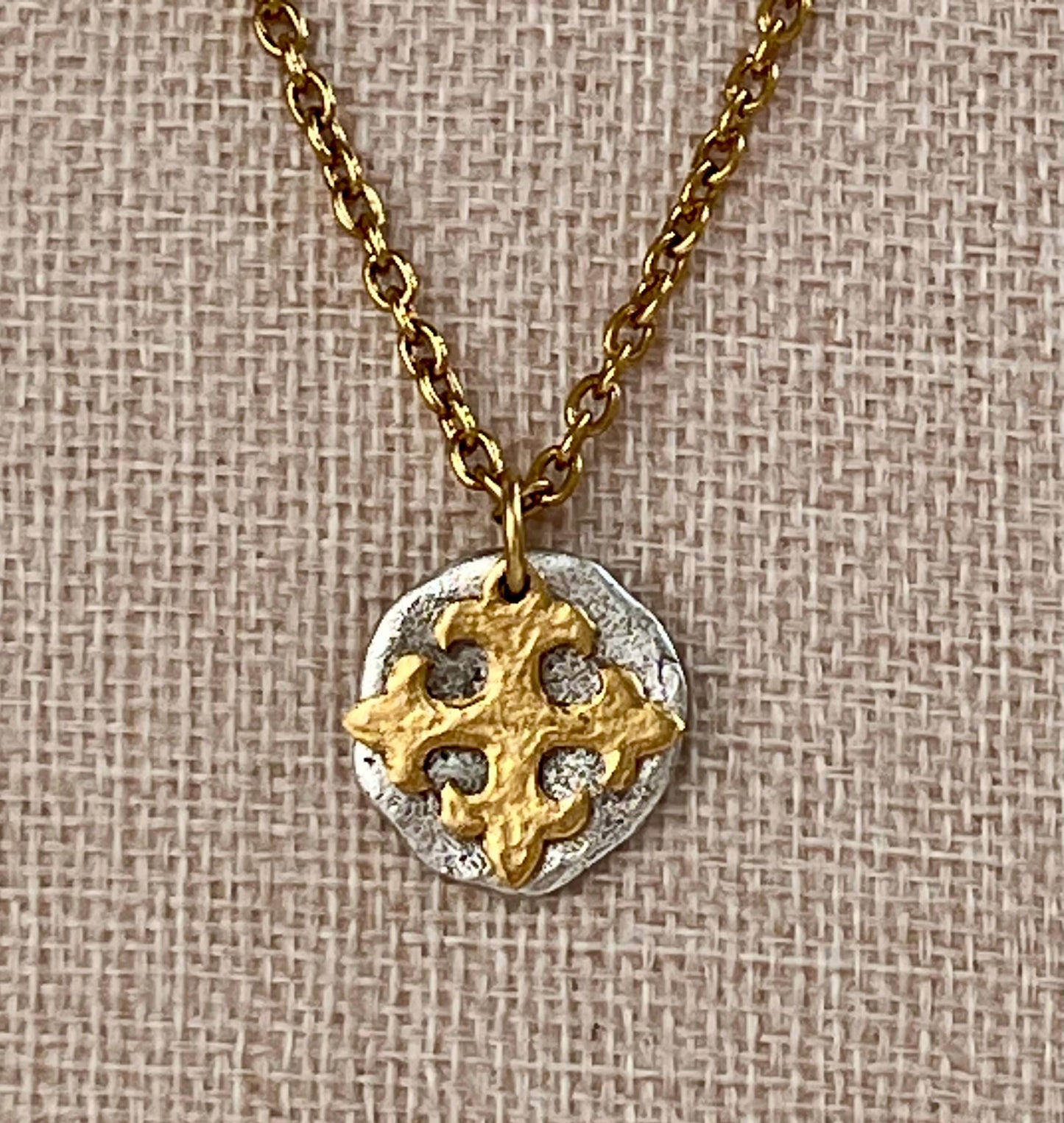 Gold Classic Cable Chain Necklace with Organic Silver Coin and Gold Celtic Cross Pendants Gorgeous Silver Statement Mixed Metal Necklace