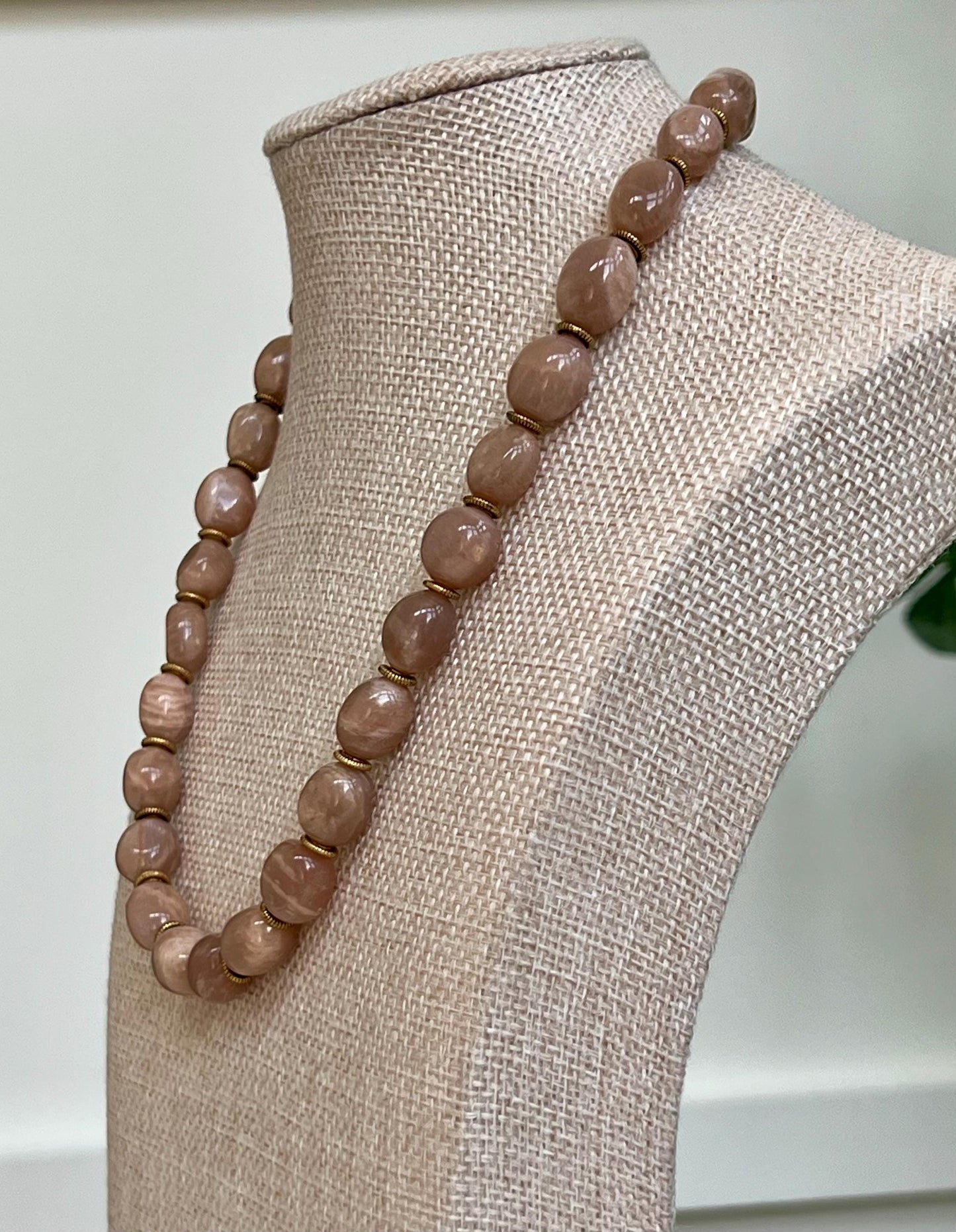 Moonstone Beaded Necklace Gold Toggle Clasp Natural Gemstone Necklace Peach Moonstone Necklace Non-Tarnish Gold Plated Pewter Beads