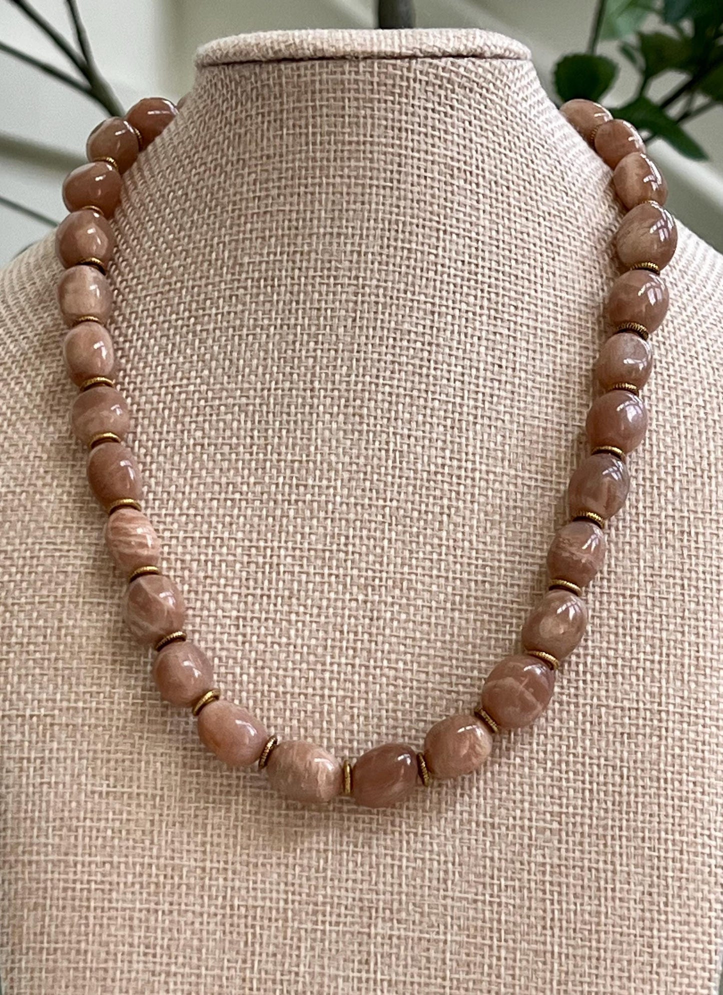 Moonstone Beaded Necklace Gold Toggle Clasp Natural Gemstone Necklace Peach Moonstone Necklace Non-Tarnish Gold Plated Pewter Beads