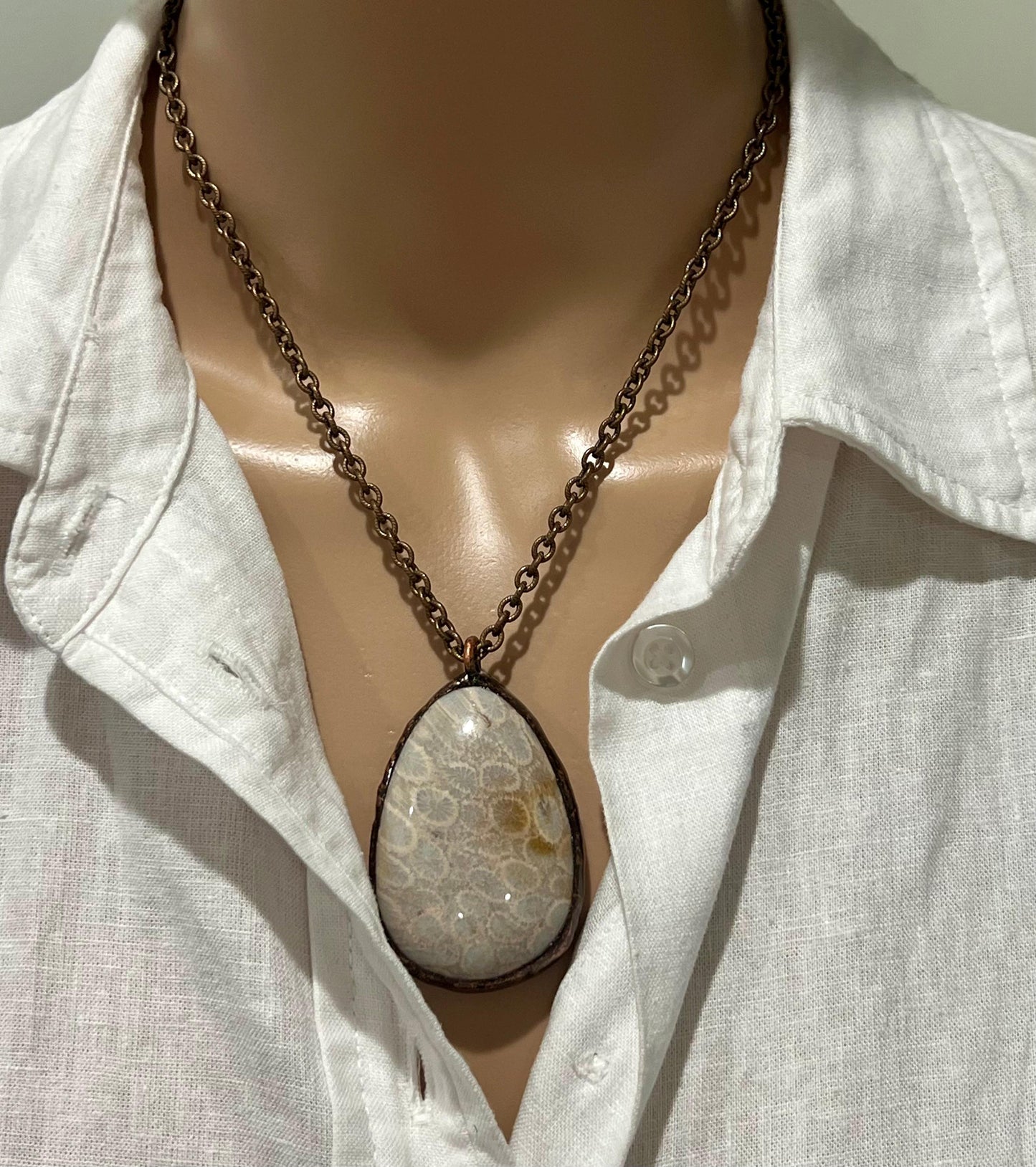 Antique Bronze Textured Cable Chain with Large Fossil Coral Pendant Necklace Drop Pendant Statement Necklace Large Stone Pendant Necklace