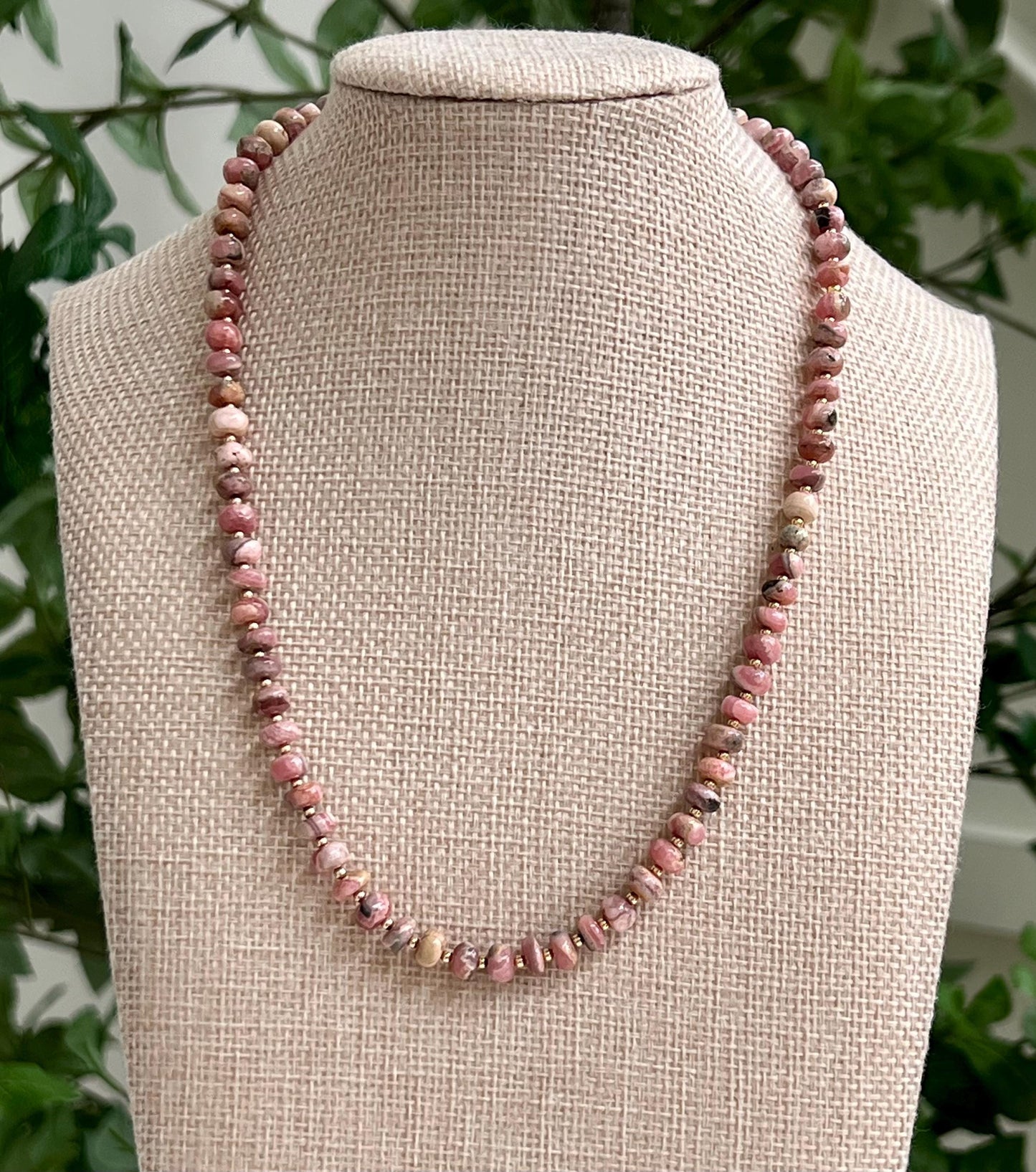 Rhodochrosite Beaded Necklace with 18k Gold Filled Clasp/Accent Beads Rhodochrosite 5.5mm Smooth Rondelle Stones Gorgeous