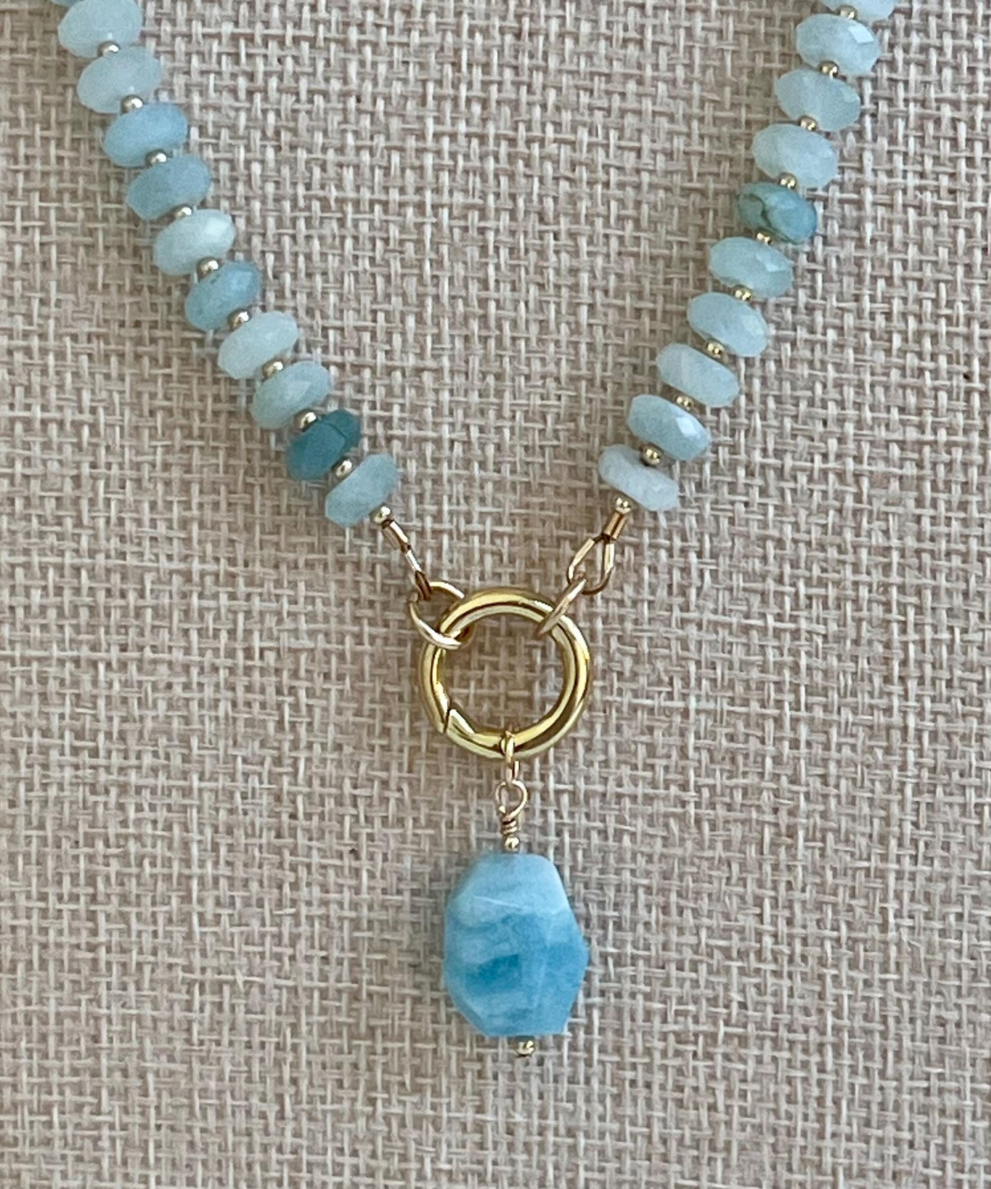 Aquamarine Beaded Necklace 18k Gold Filled Spring Clasp Faceted Rondelle 7x3mm Stones Natural Aquamarine Stones with Aquamarine Drop Pendant