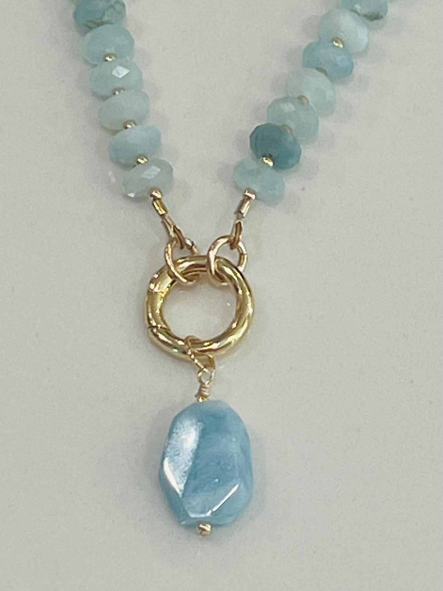Aquamarine Beaded Necklace 18k Gold Filled Spring Clasp Faceted Rondelle 7x3mm Stones Natural Aquamarine Stones with Aquamarine Drop Pendant