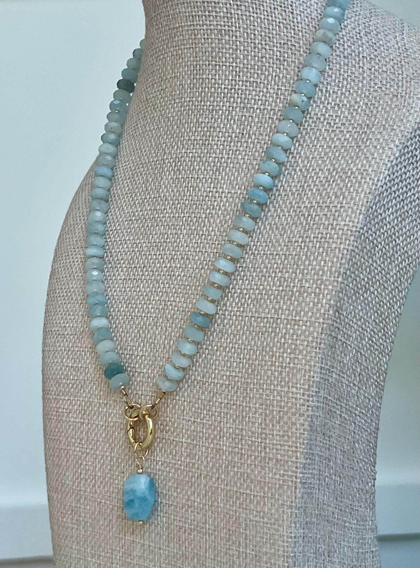 Aquamarine Beaded Necklace 18k Gold Filled Spring Clasp Faceted Rondelle 7x3mm Stones Natural Aquamarine Stones with Aquamarine Drop Pendant