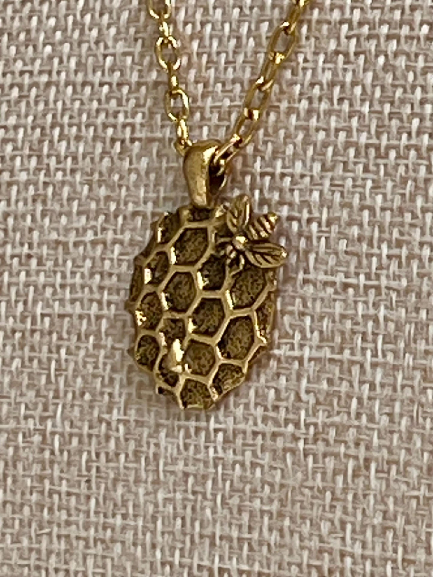 Gold Delicate Paperclip Layering Necklace with Bee Honeycomb Pendant Perfect Layering Necklace Non-tarnish Gold Plated Pewter Pendant