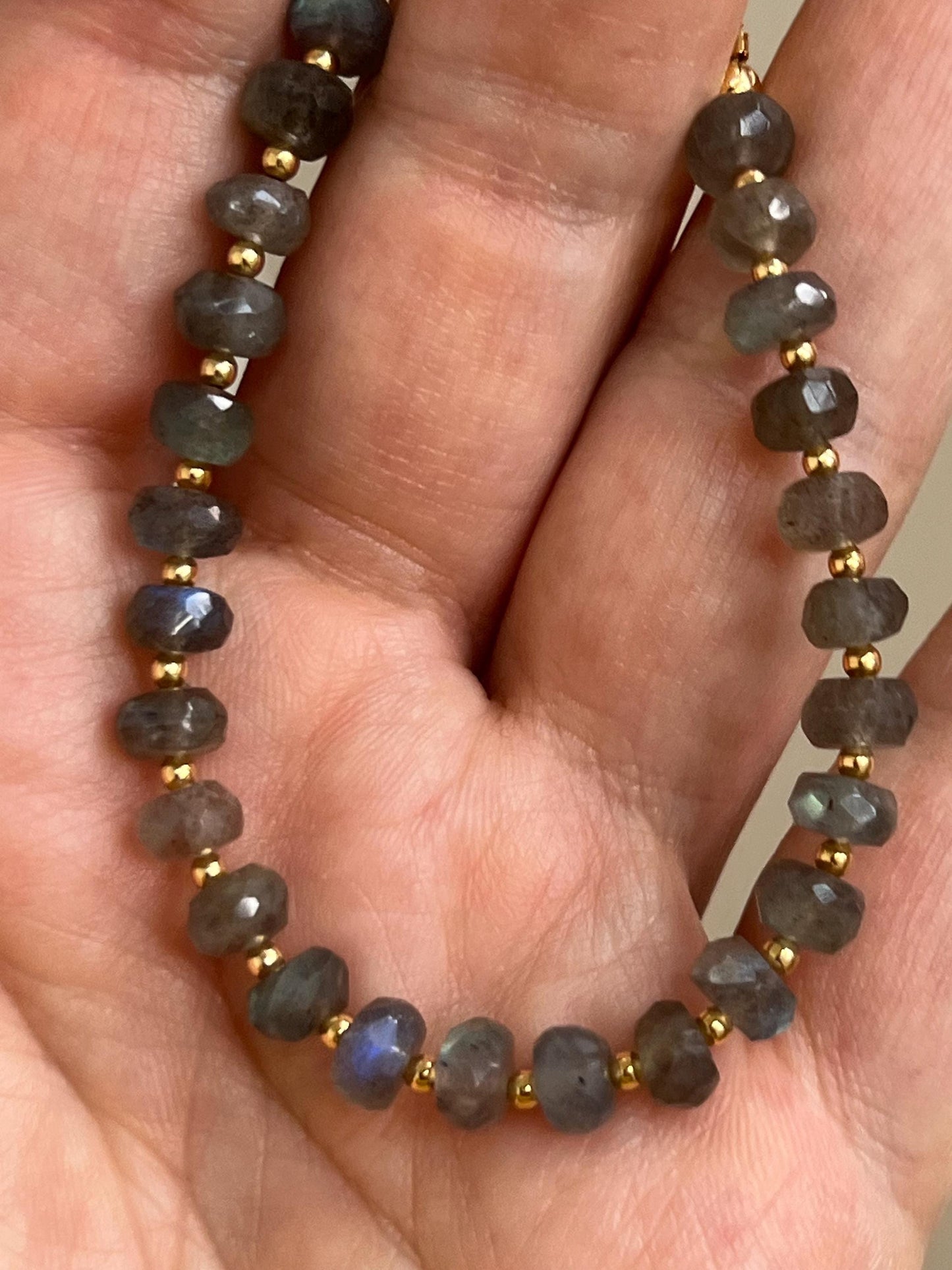 Labradorite Beaded Bracelet 5.5mm Faceted Rondelle Labradorite Stones with Decorative Gold Easy Clasp Natural Gemstone Bracelet
