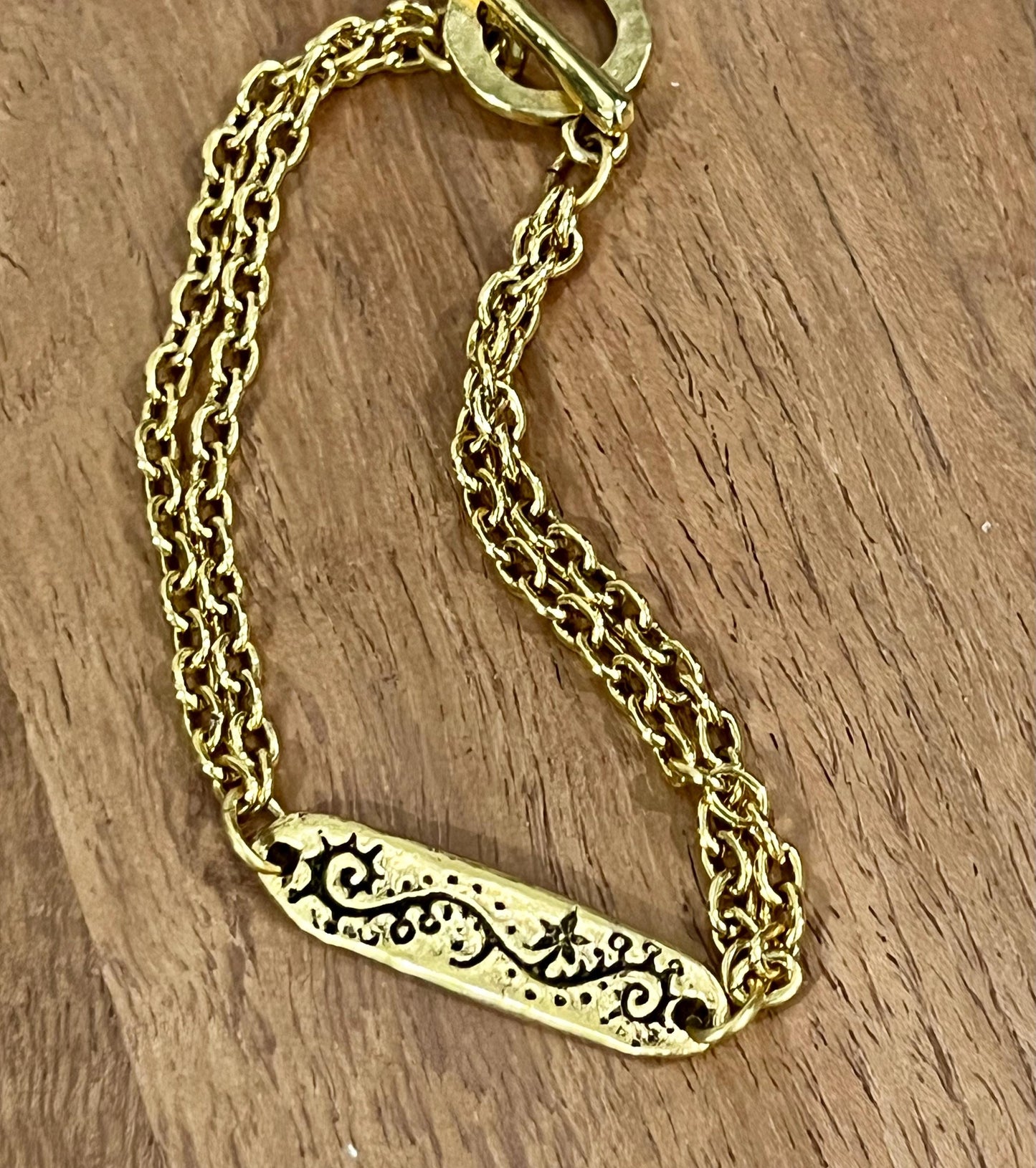 Gold Delicate Paperclip Layering Bracelet with Floral Vine Bar Pendant Gorgeous Layering Statement Bracelet Green Girl Studios Seek Wisdom
