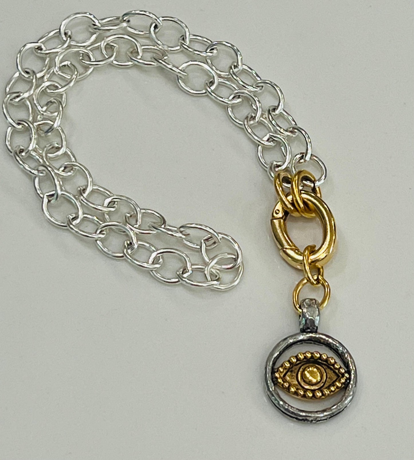 Silver Chunky Oval Chain Necklace with Gold Carabiner Spring Clasp Evil Eye Silver and Gold Statement Necklace Chunky Statement Necklace