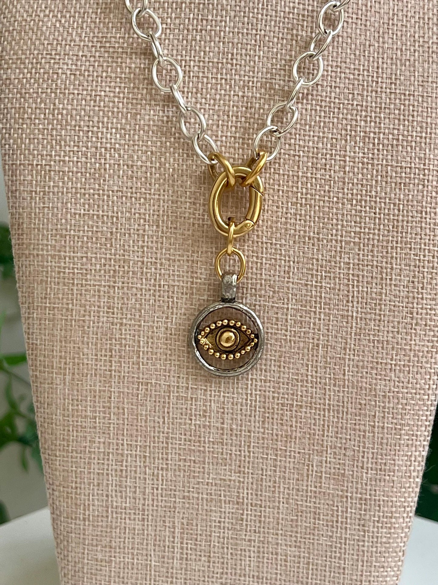 Silver Chunky Oval Chain Necklace with Gold Carabiner Spring Clasp Evil Eye Silver and Gold Statement Necklace Chunky Statement Necklace