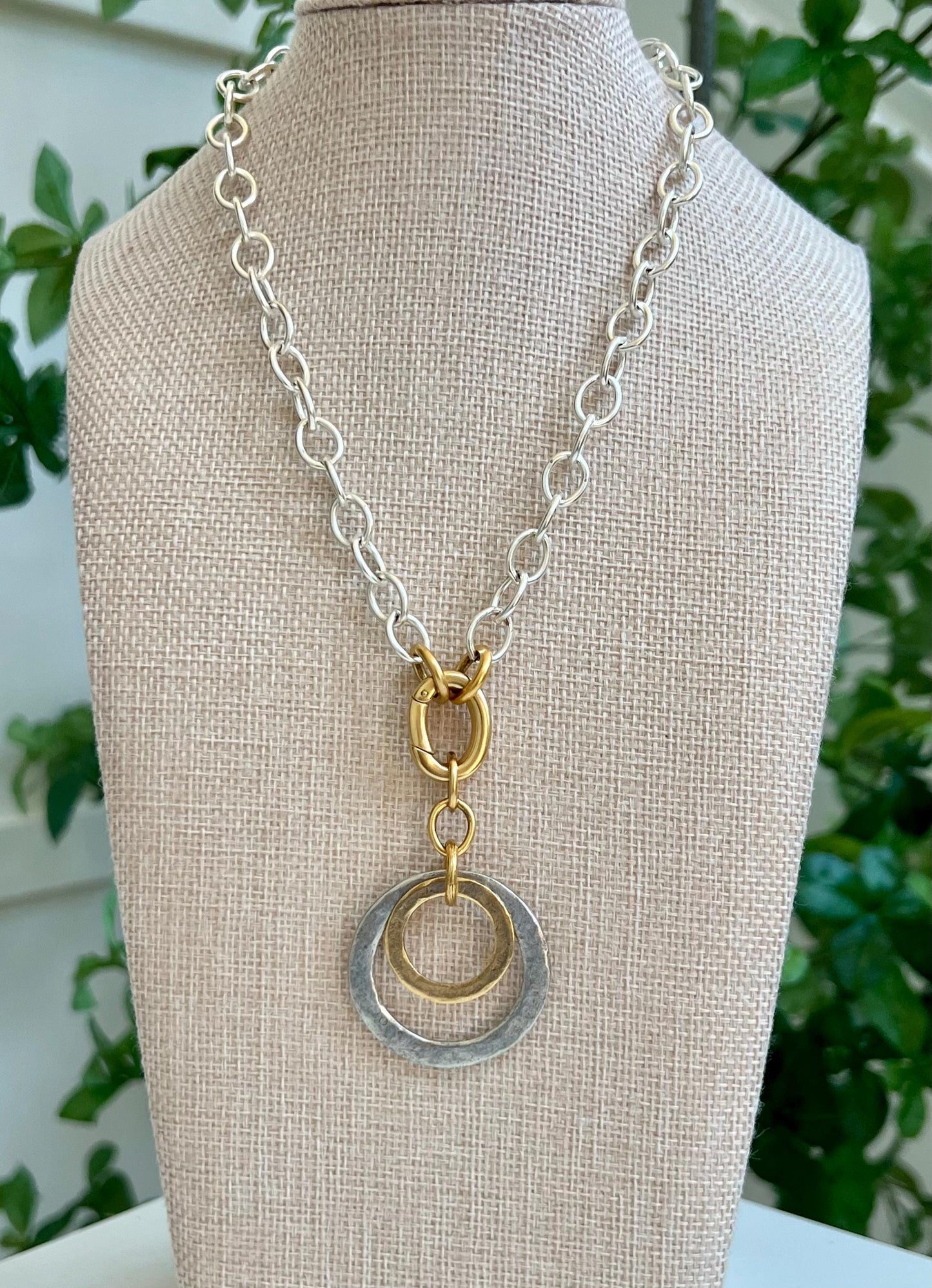 Silver Chunky Oval Chain Necklace with Gold Carabiner Spring Concetric Circle Drops Statement Necklace Chunky Statement Necklace
