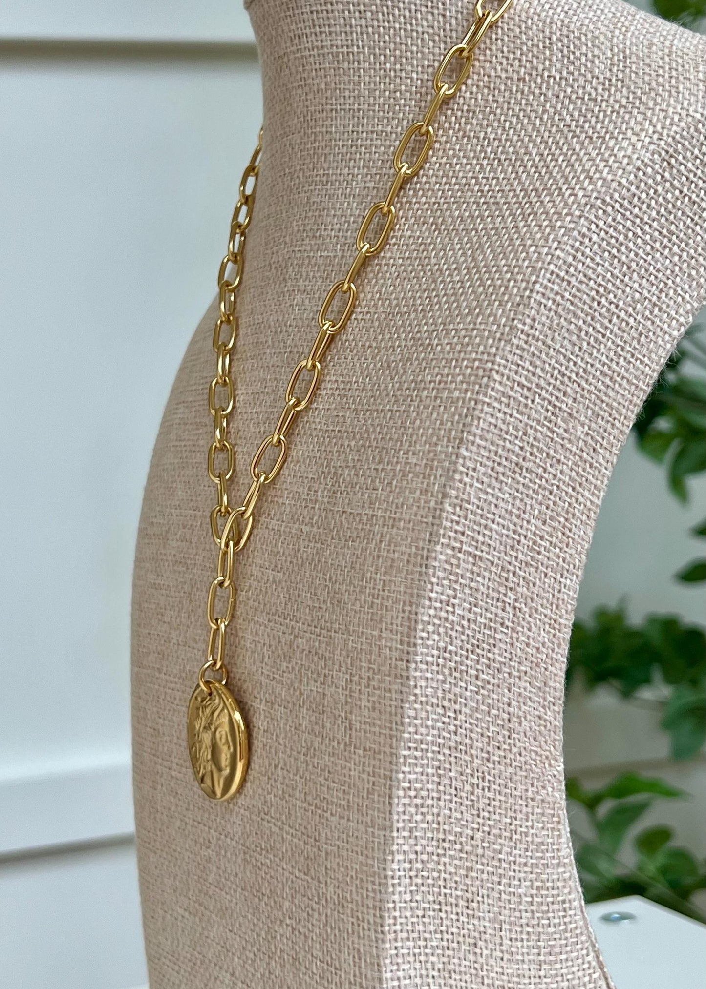Gold Chunky Paperclip Chain Necklace with Gold Roman Coin Pendant Gold Plated Brass Statement Necklace Chunky Statement Necklace