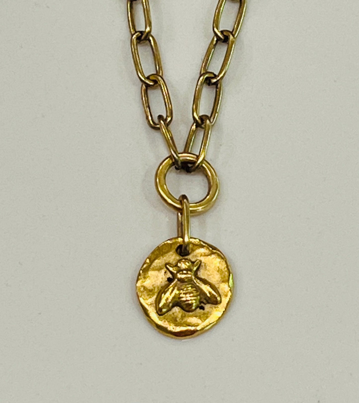 Antique Gold Chunky Paperclip Chain Necklace with Bee Coin Pendant Gold Plated Brass Statement Necklace Chunky Statement Necklace