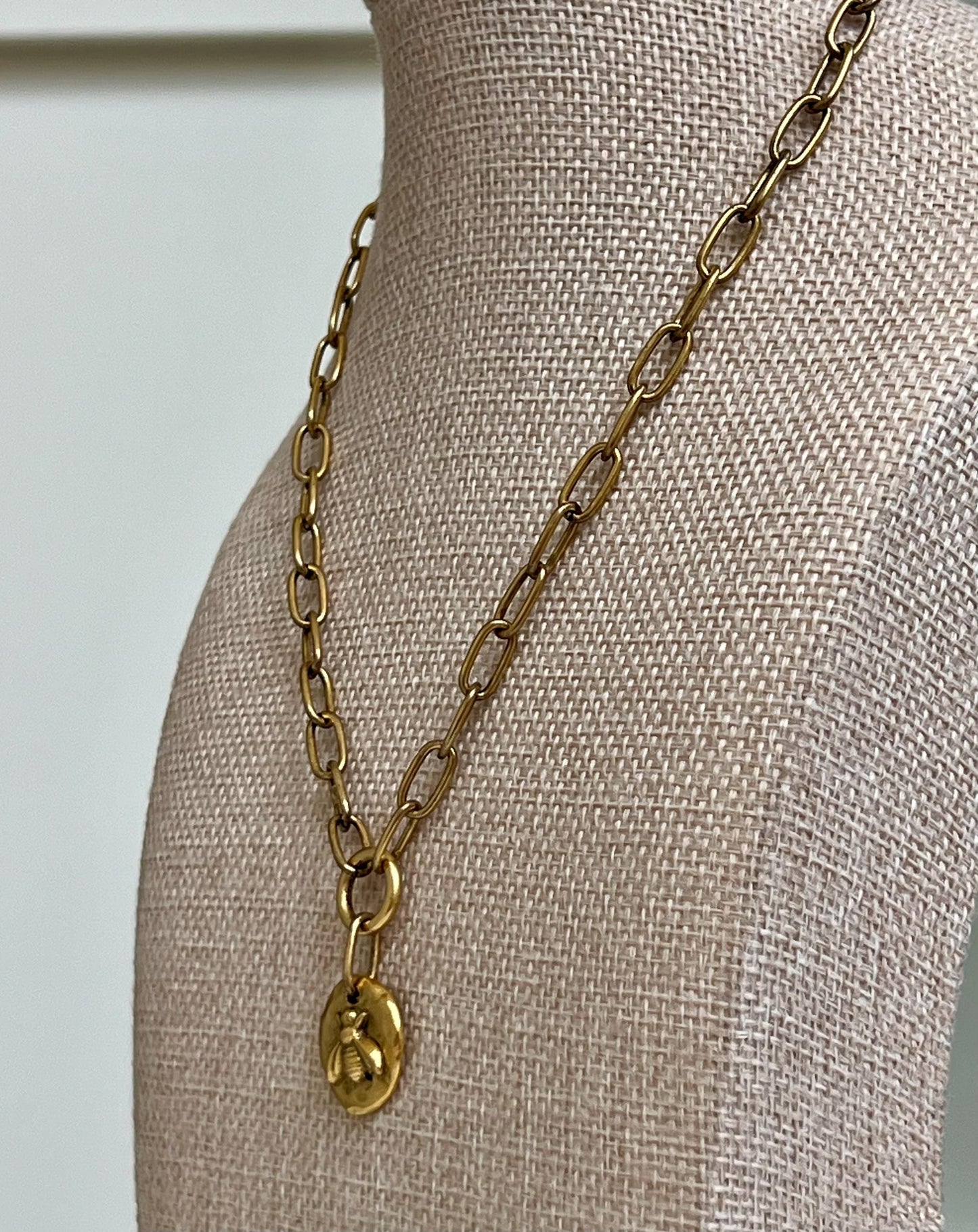 Antique Gold Chunky Paperclip Chain Necklace with Bee Coin Pendant Gold Plated Brass Statement Necklace Chunky Statement Necklace