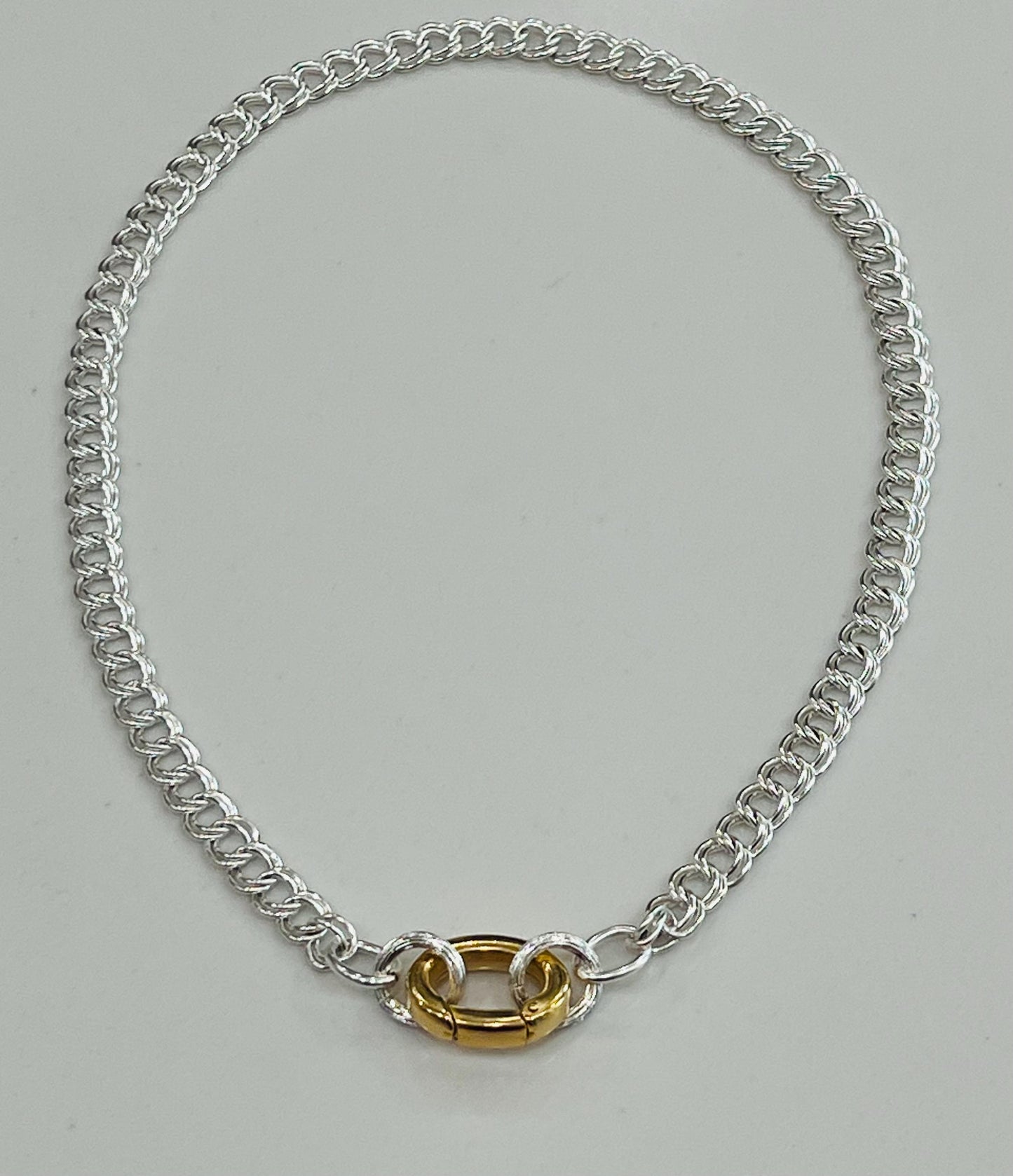 Silver Parallel Curb Chain Necklace with Gold Carabiner Spring Clasp Mixed Metal Statement Necklace Chunky Statement Necklace