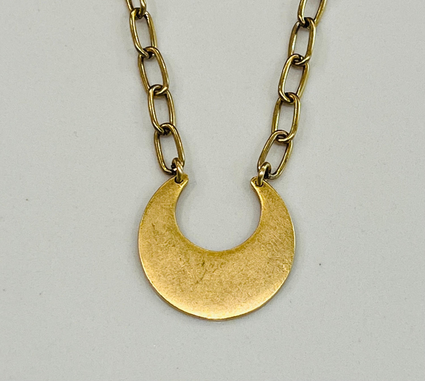 Antique Gold Paperclip Chain Necklace with Semi Circle Pendant