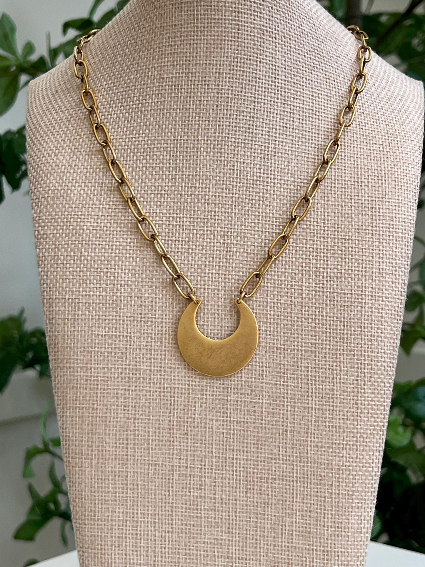 Antique Gold Paperclip Chain Necklace with Semi Circle Pendant