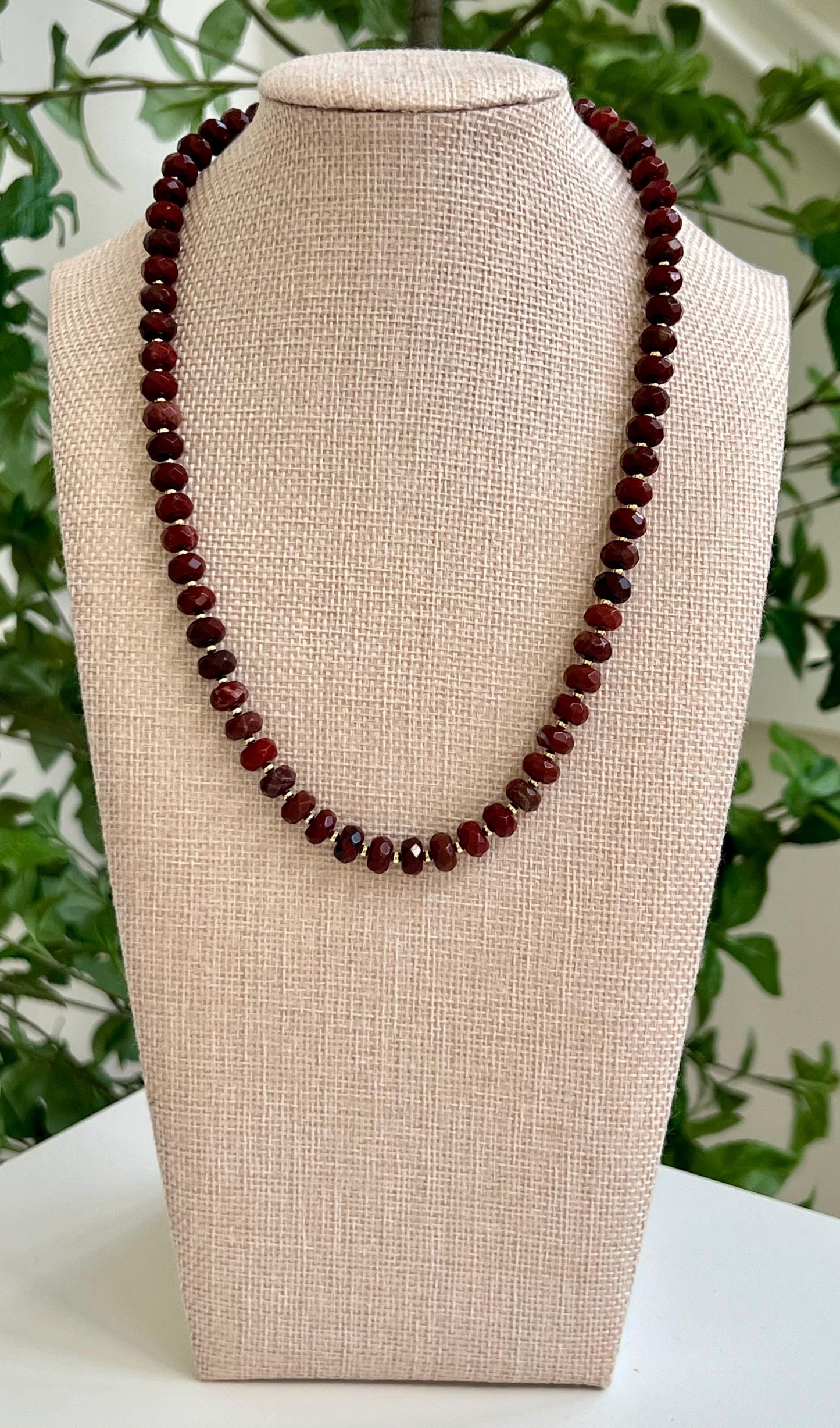 Red Jasper Beaded Necklace Gold Accent Beads 18k Gold filled clasp Layering Necklace Semi-Precious Natural Gemstones Red Leaf Jasper