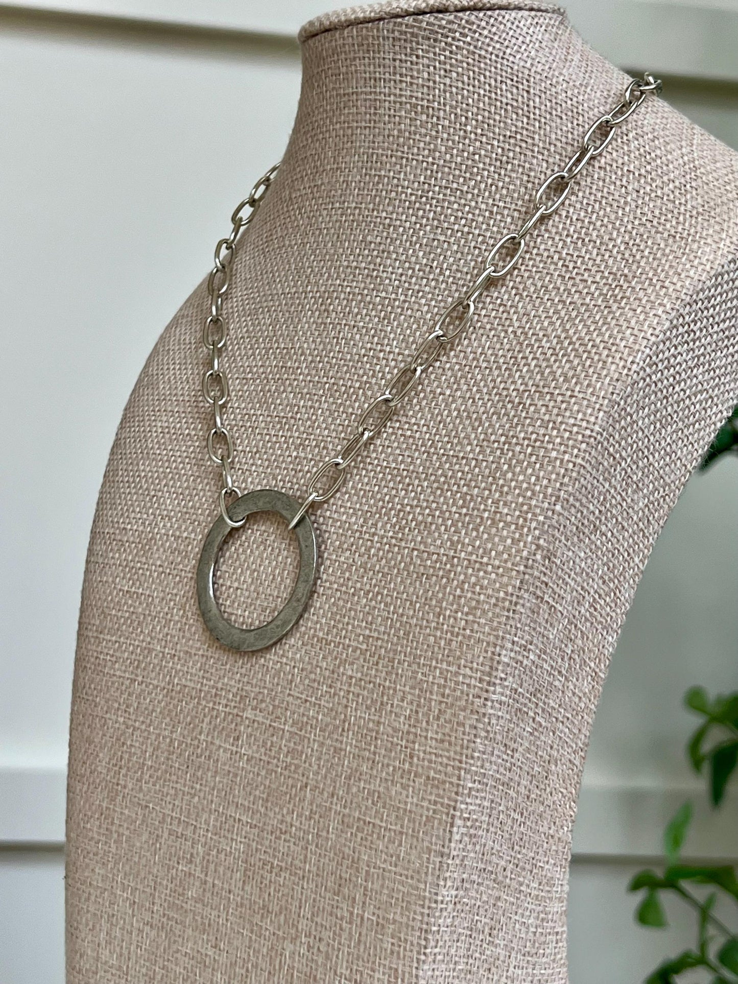 Silver Paperclip Link Chain Necklace with Organic Silver Open Circle Pendants Gorgeous Silver Statement Modern Necklace Large Open Circle