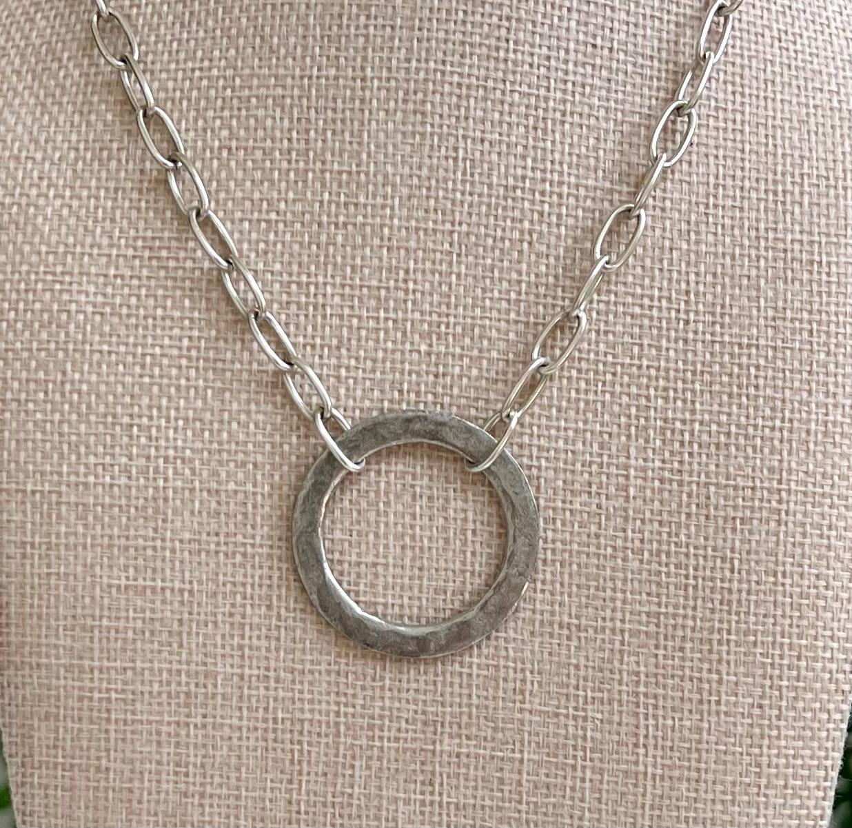 Silver Paperclip Link Chain Necklace with Organic Silver Open Circle Pendants Gorgeous Silver Statement Modern Necklace Large Open Circle