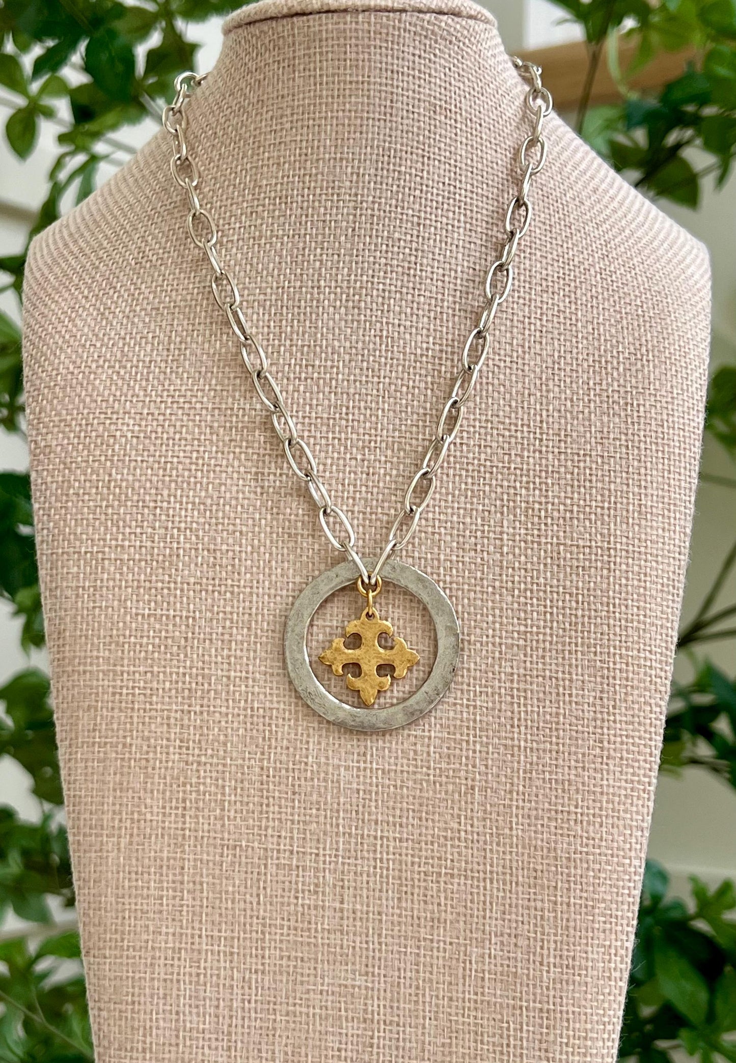Silver Paperclip Chain Necklace with Organic Silver Open Circle Gold Celtic Cross Pendants Gorgeous Silver Statement Mixed Metal Necklace