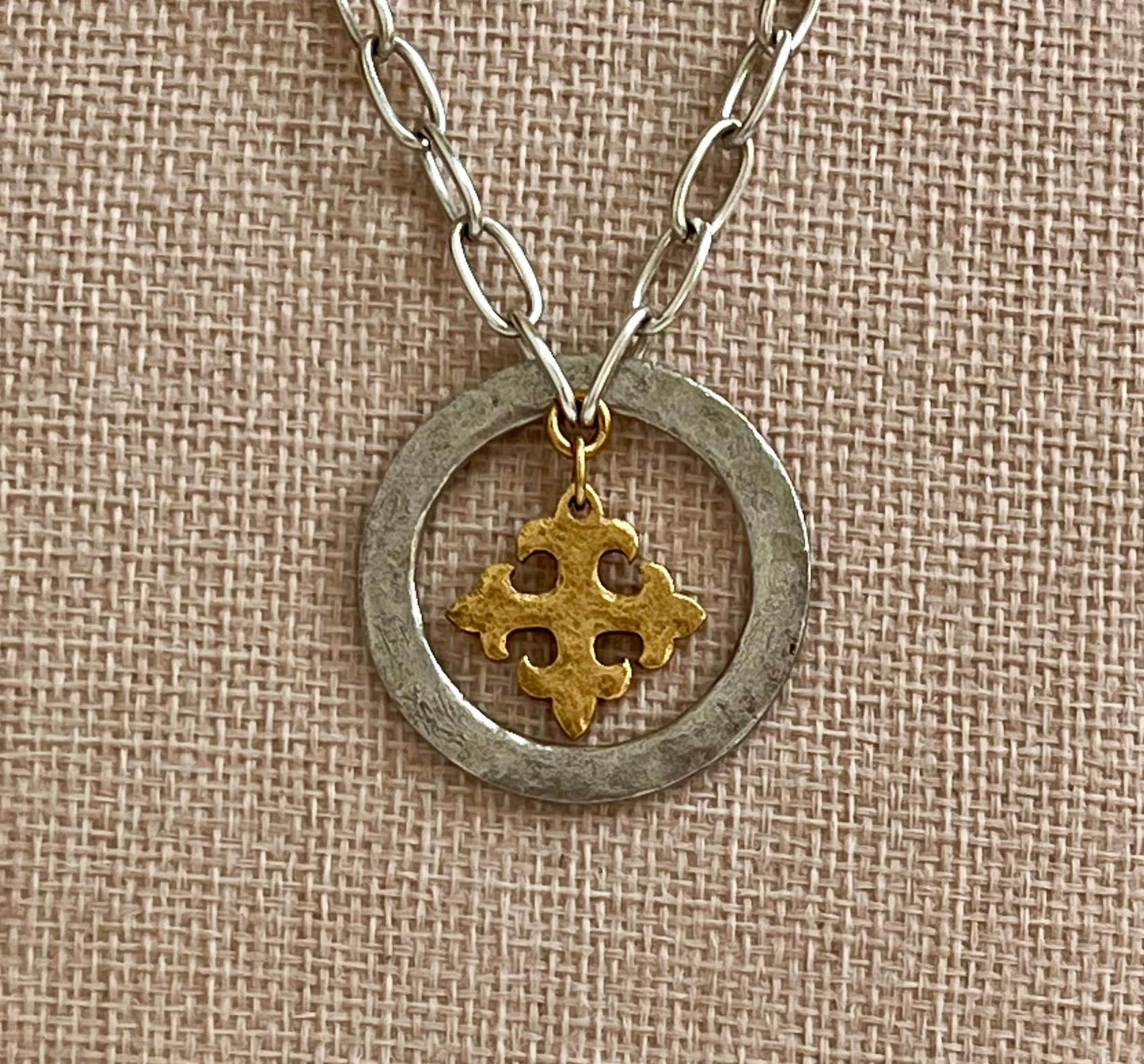 Silver Paperclip Chain Necklace with Organic Silver Open Circle Gold Celtic Cross Pendants Gorgeous Silver Statement Mixed Metal Necklace
