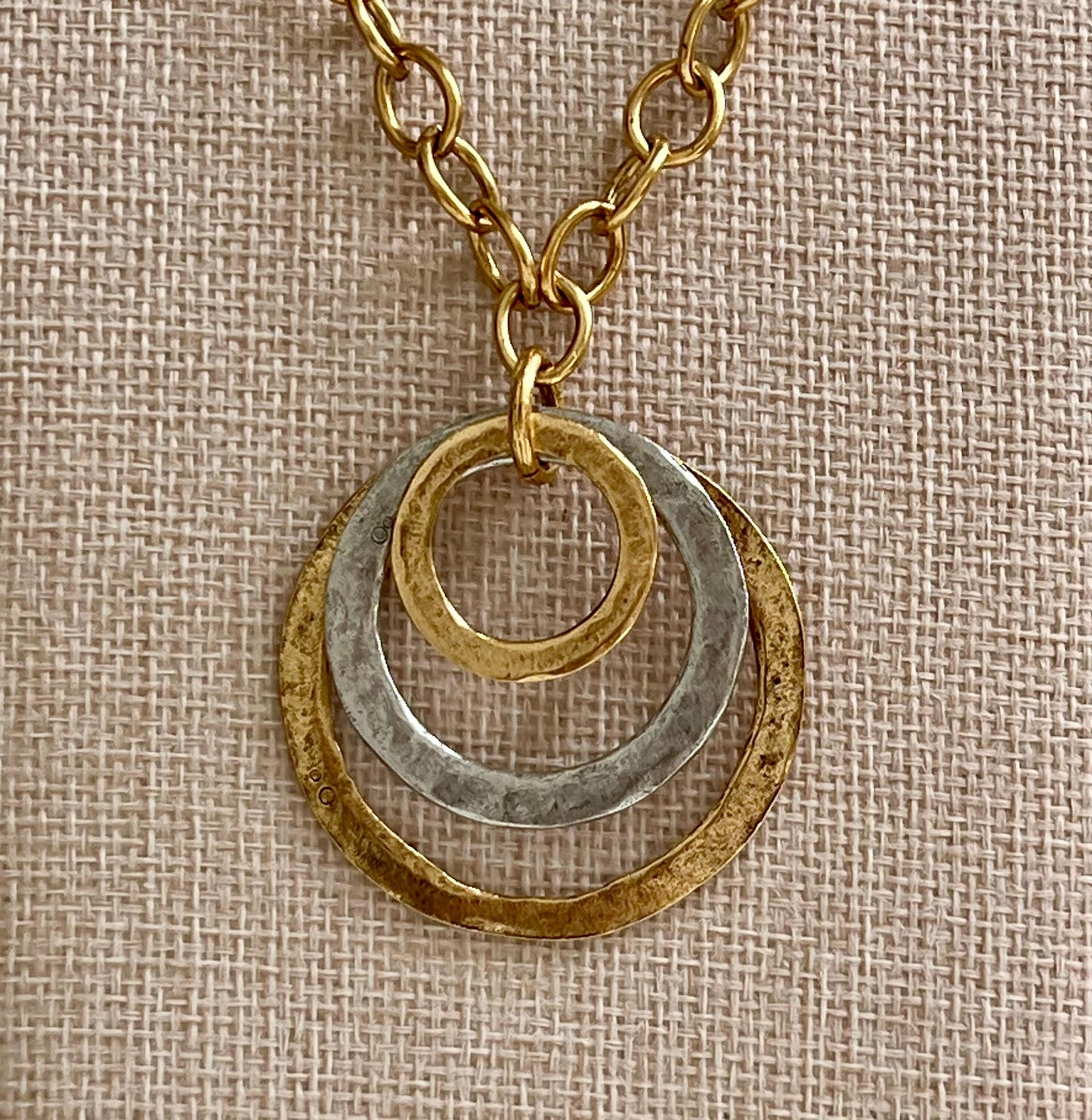 Gold Rounded Oval Chain Necklace with Organic Silver and Gold Open Circle Pendants Gorgeous Silver and Gold Statement Mixed Metal Necklace