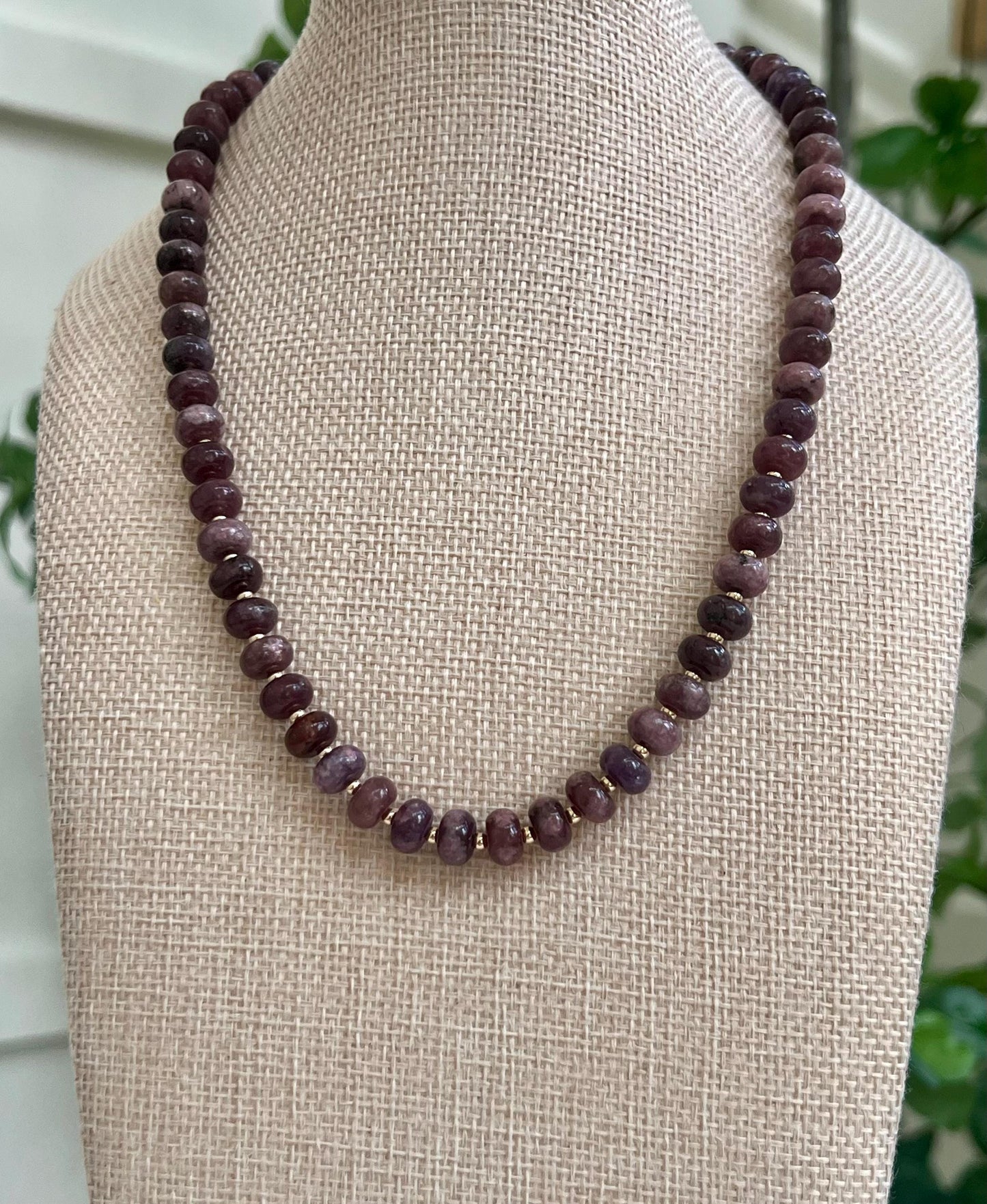 Lepidolite Beaded Necklace 18k Gold Filled Clasp/Accent Beads 5x8mm Smooth Rondelle Beads Gorgeous Purple Natural Gemstone Necklace
