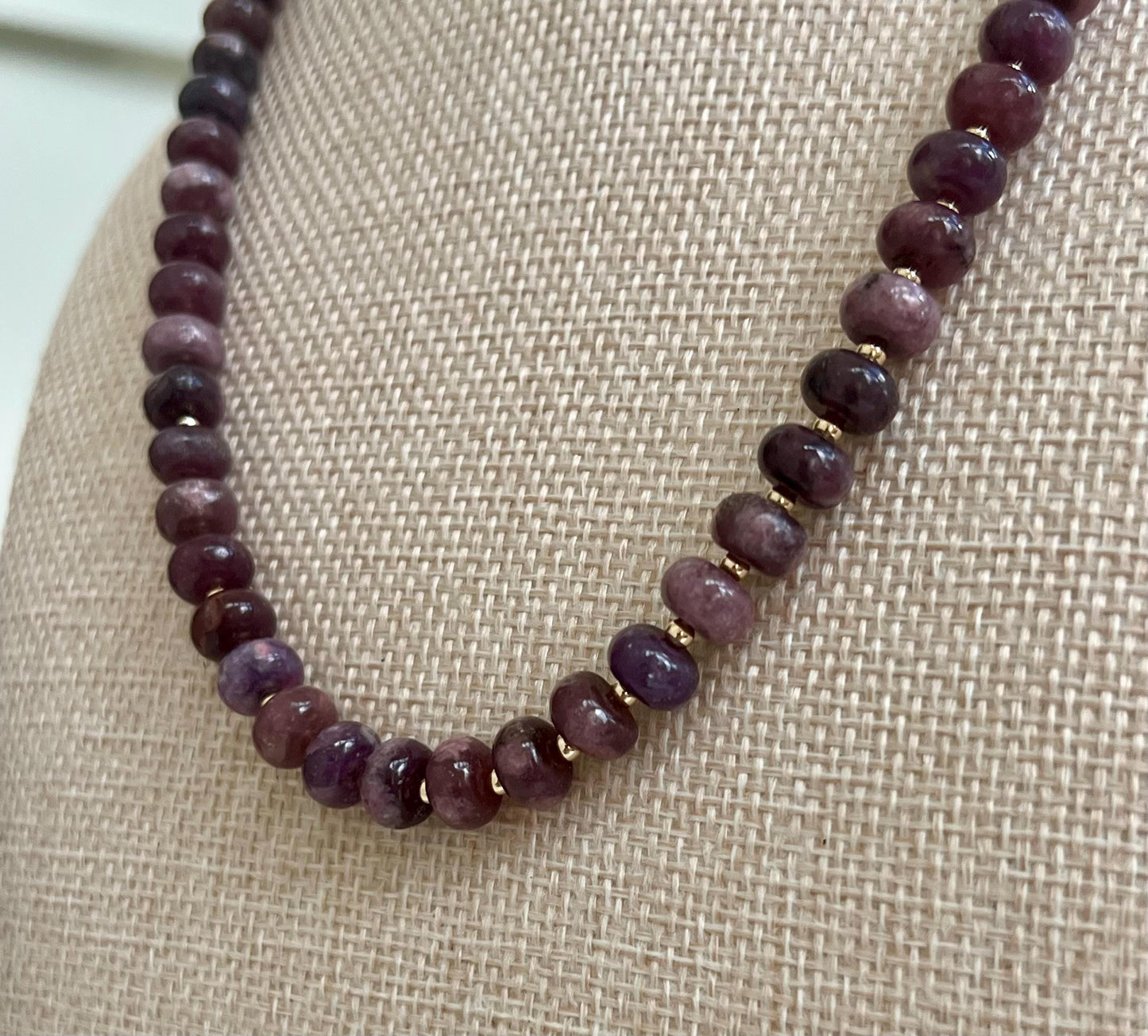 Lepidolite Beaded Necklace 18k Gold Filled Clasp/Accent Beads 5x8mm Smooth Rondelle Beads Gorgeous Purple Natural Gemstone Necklace
