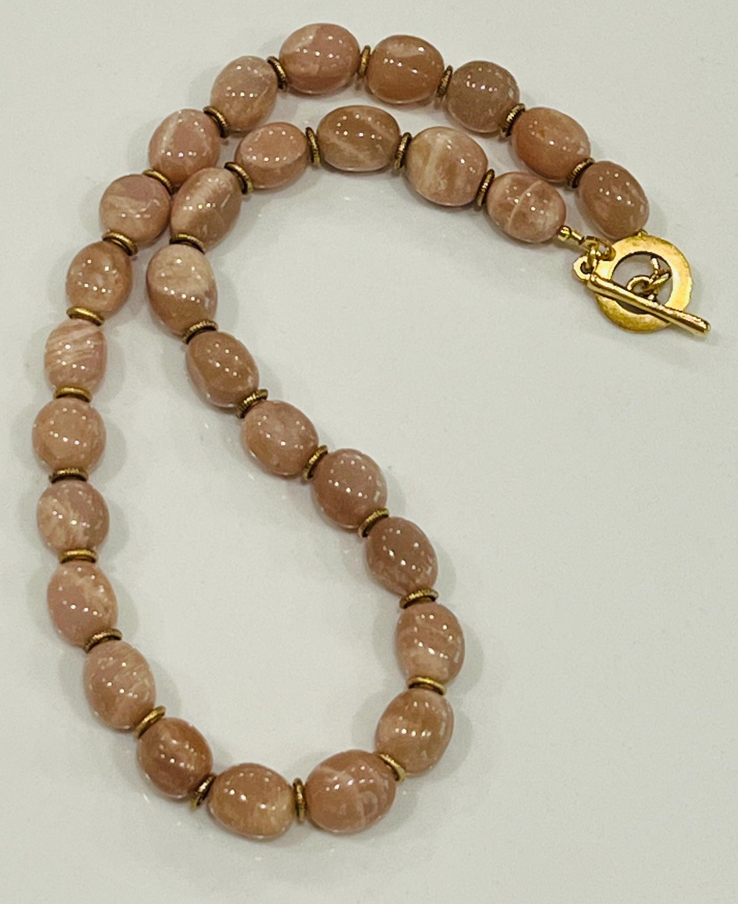 Moonstone Beaded Necklace Gold Toggle Clasp Natural Gemstone Necklace Peach Moonstone Necklace Non-Tarnish Gold Plated Pewter Beads