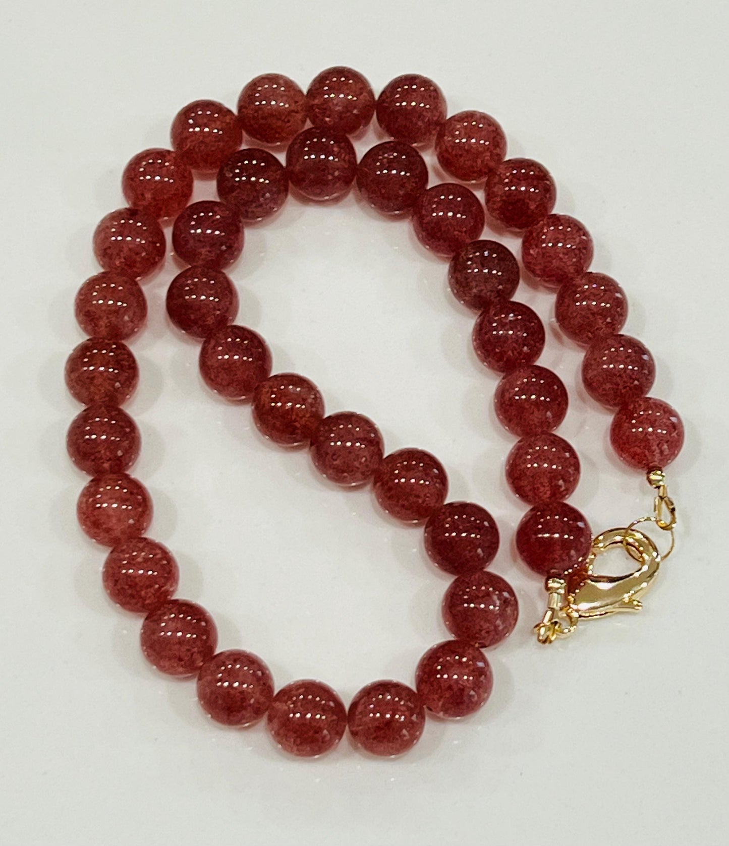 Strawberry Quartz Beaded Necklace 18k Gold Filled Clasp Pink Beaded Layering Semi-Precious Stones 10mm Smooth Round Quartz Stones