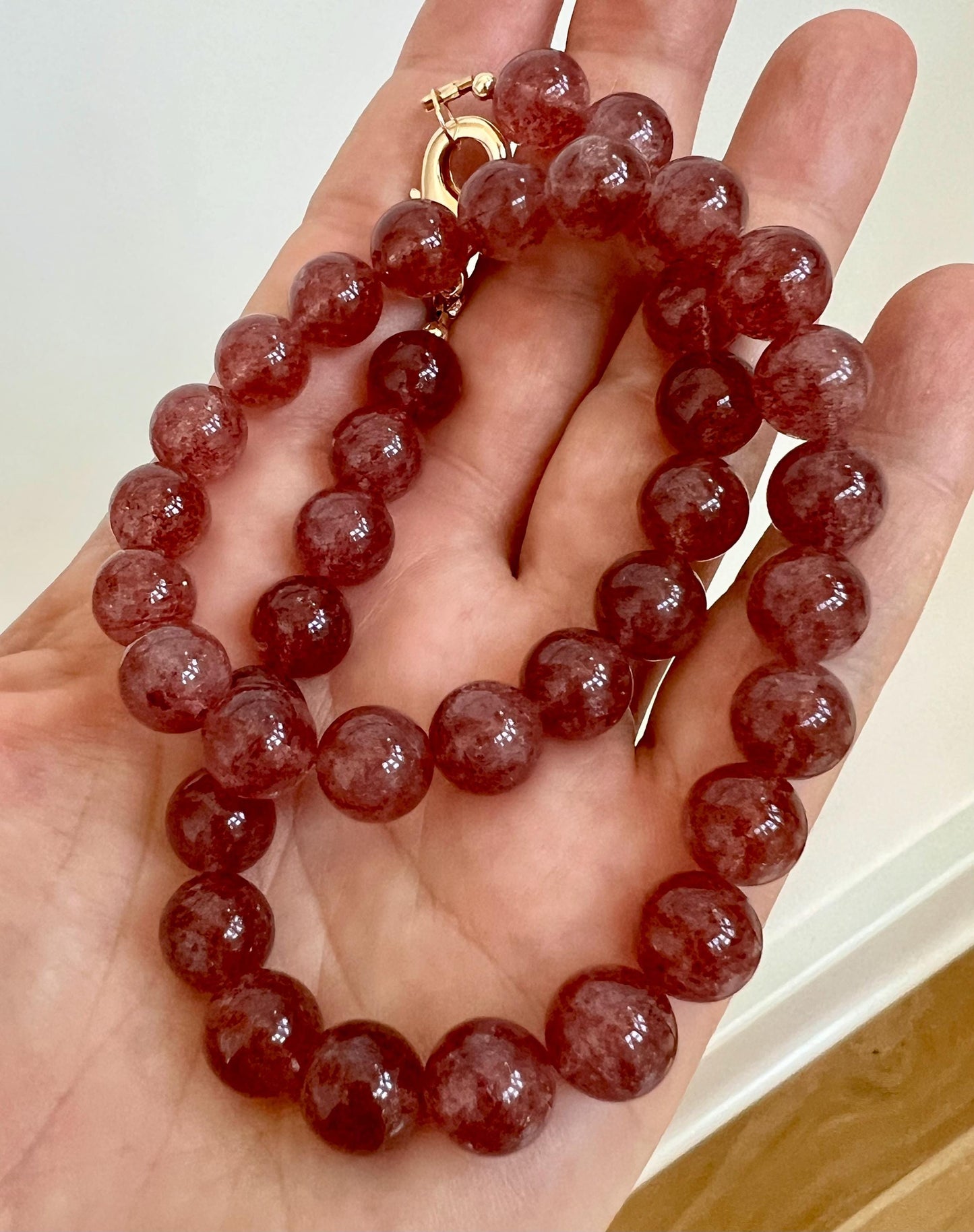 Strawberry Quartz Beaded Necklace 18k Gold Filled Clasp Pink Beaded Layering Semi-Precious Stones 10mm Smooth Round Quartz Stones