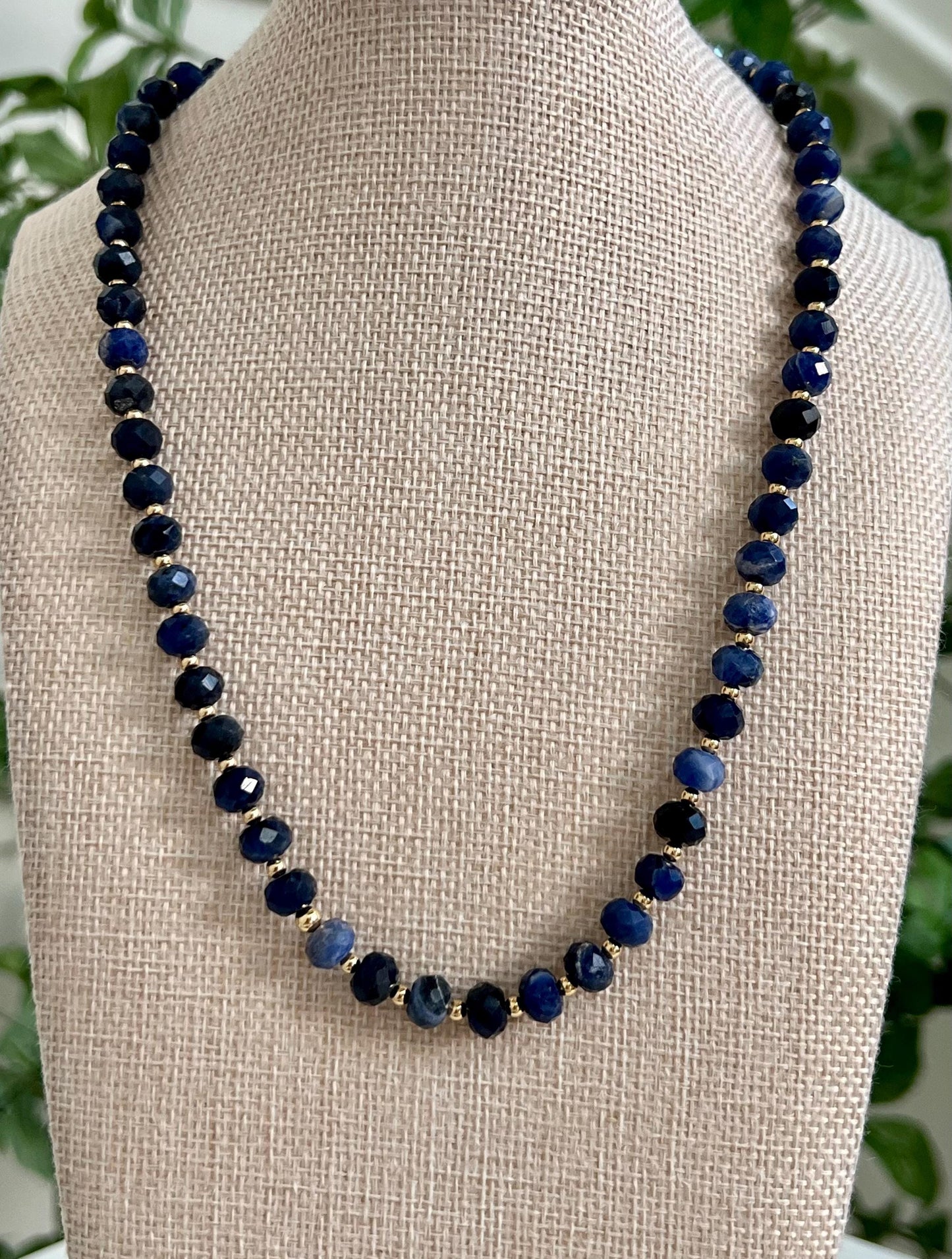 Sodalite Beaded Necklace 5x8mm Faceted Rondelle Sodalite Beaded Necklace 18k Gold Filled Clasp/Accent Beads Natural Gemstone Necklace