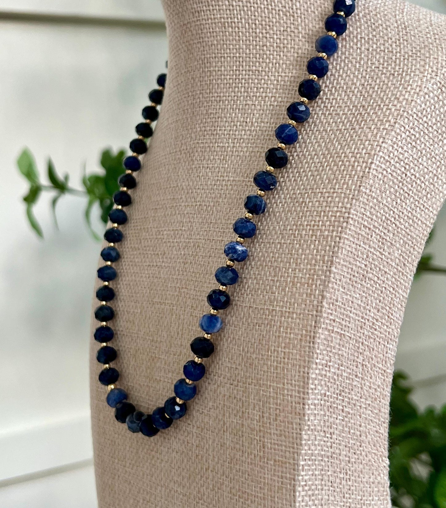 Sodalite Beaded Necklace 5x8mm Faceted Rondelle Sodalite Beaded Necklace 18k Gold Filled Clasp/Accent Beads Natural Gemstone Necklace