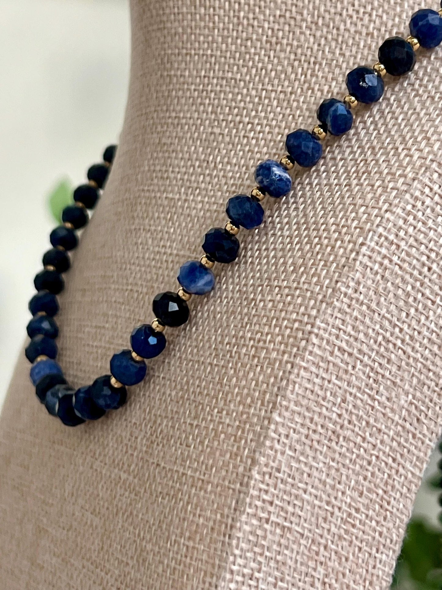 Sodalite Beaded Necklace 5x8mm Faceted Rondelle Sodalite Beaded Necklace 18k Gold Filled Clasp/Accent Beads Natural Gemstone Necklace