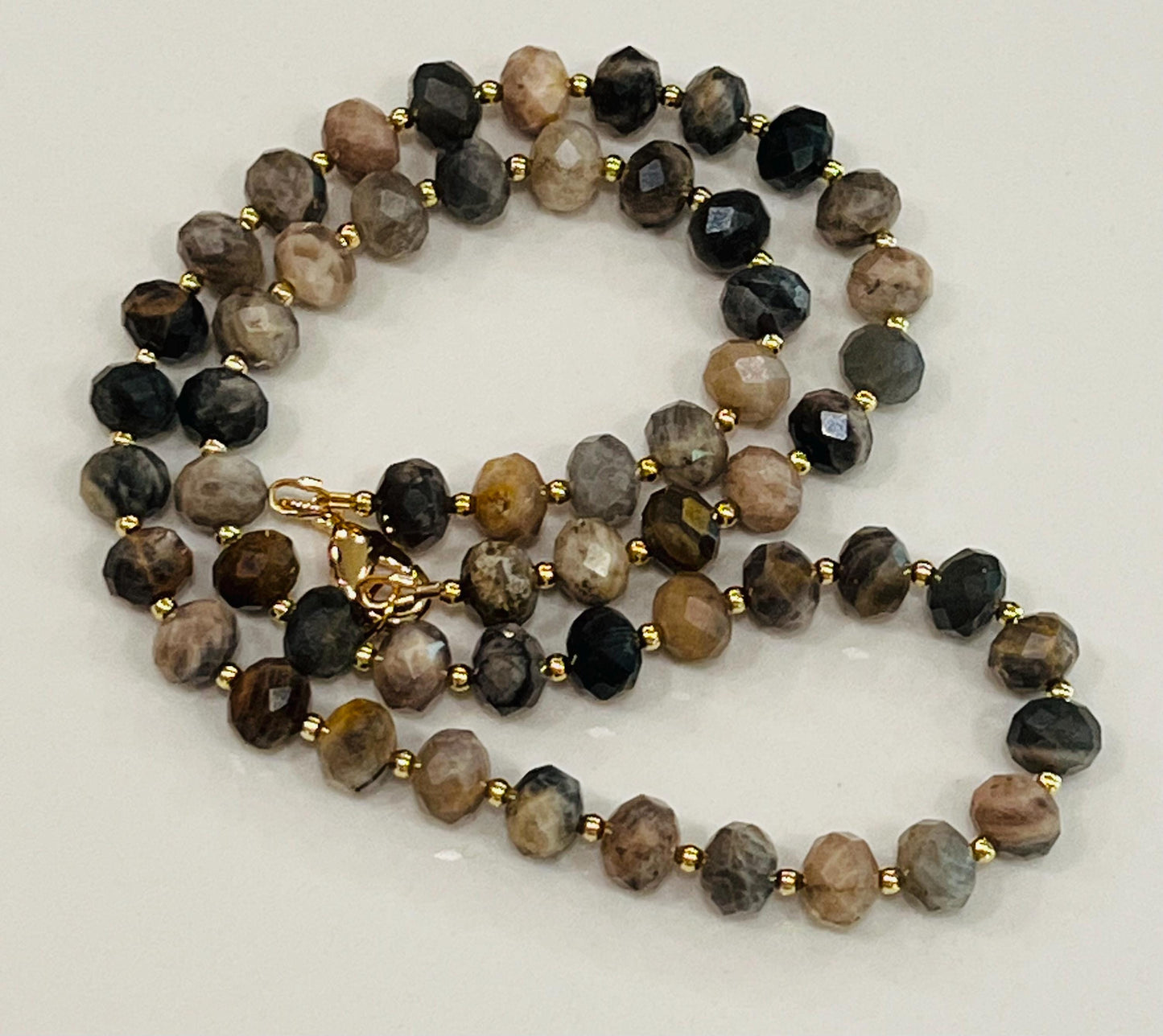 Moonstone Beaded Necklace 18k Gold Filled Clasp/Accent Beads Layering Necklace 6x8mm Faceted Rondelle Black Moonstone Beads
