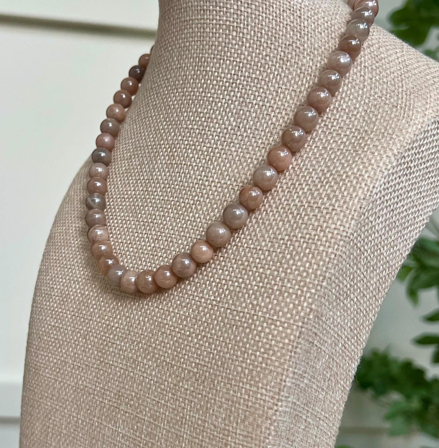 Peach Moonstone Beaded Necklace Electroplated 8mm Smooth Round Peach Moonstone 18k Gold Filled Clasp/Beads Sparkling Statement Necklace